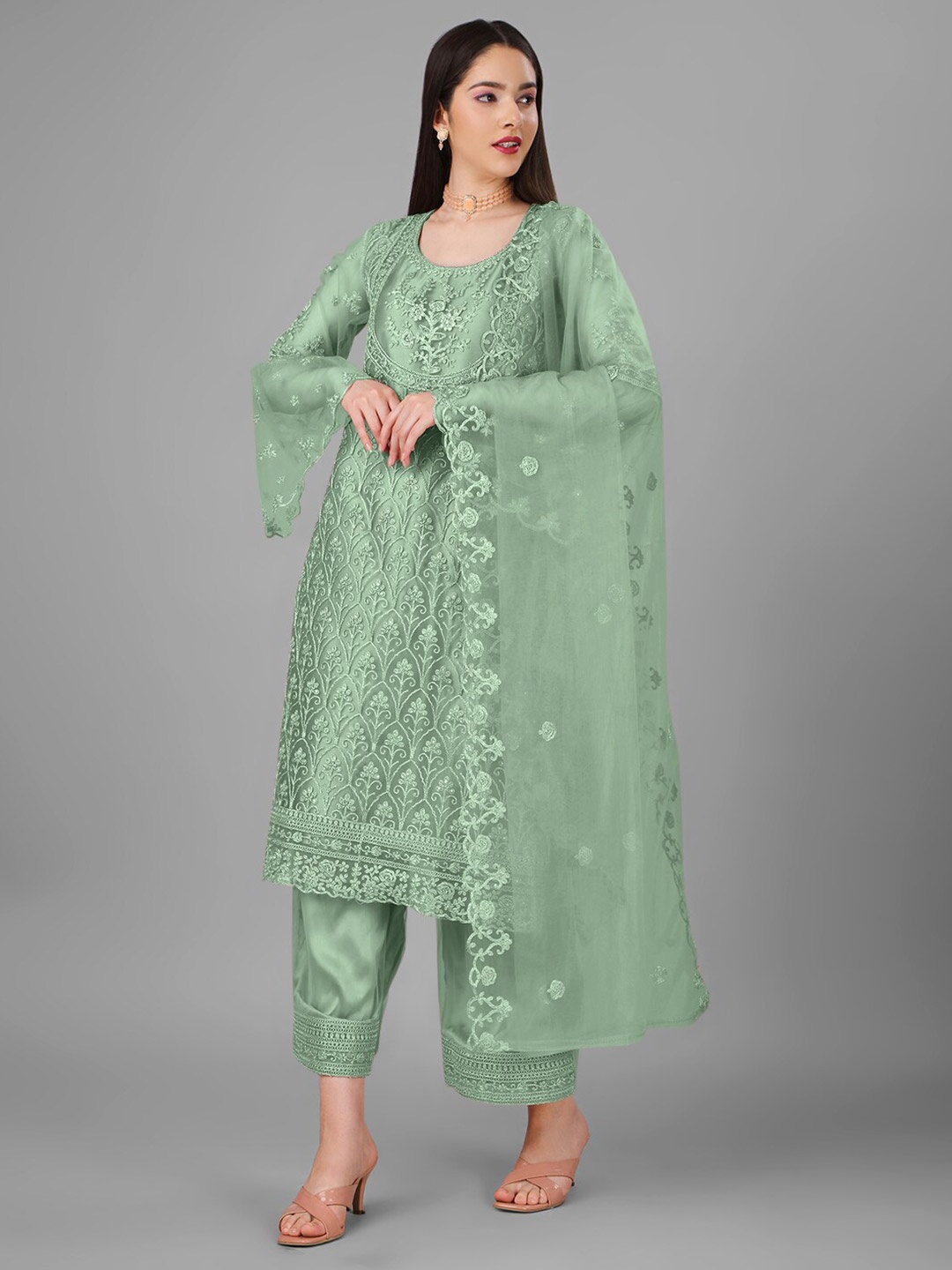 

Angroop Ethnic Motifs Embroidered Semi-Stitched Net Dress Material, Green
