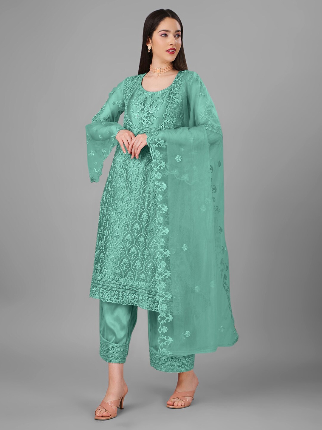 

Angroop Ethnic Motifs Embroidered Semi-Stitched Net Dress Material, Sea green