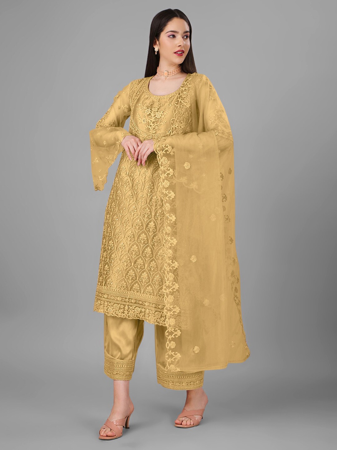 

Angroop Ethnic Motifs Embroidered Semi-Stitched Net Dress Material, Yellow