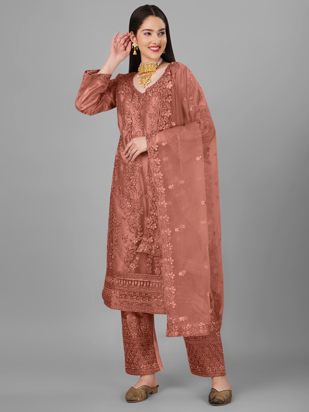 

Angroop Ethnic Motifs Embroidered Semi-Stitched Net Dress Material, Orange