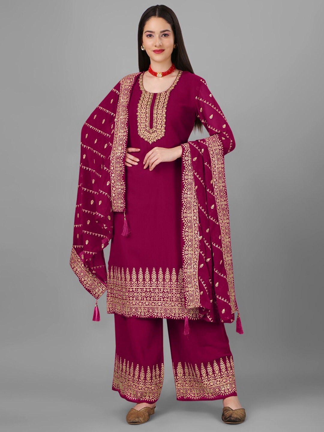 

Angroop Ethnic Motifs Embroidered Semi-Stitched Net Dress Material, Pink