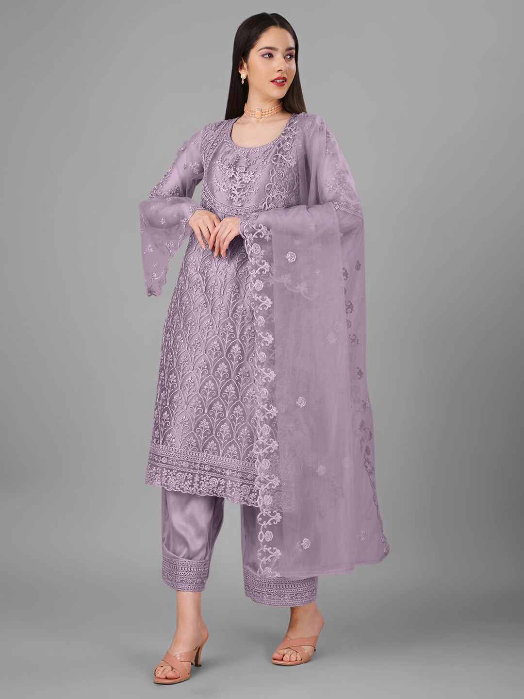 

Angroop Ethnic Motifs Embroidered Semi-Stitched Net Dress Material, Purple