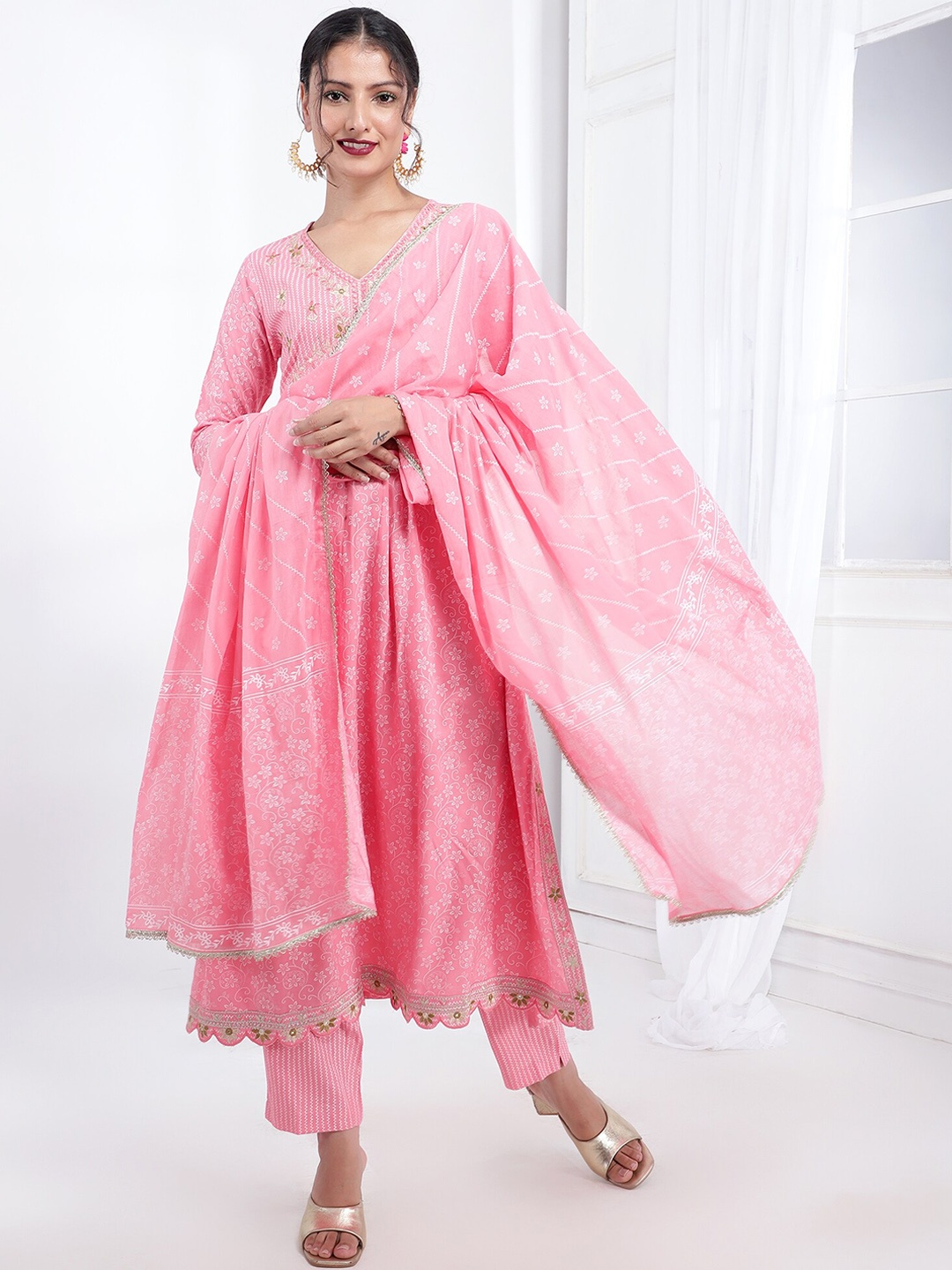 

Bani Women Ethnic Motifs Printed Empire Thread Work Liva Kurta With Trousers & Dupatta, Pink