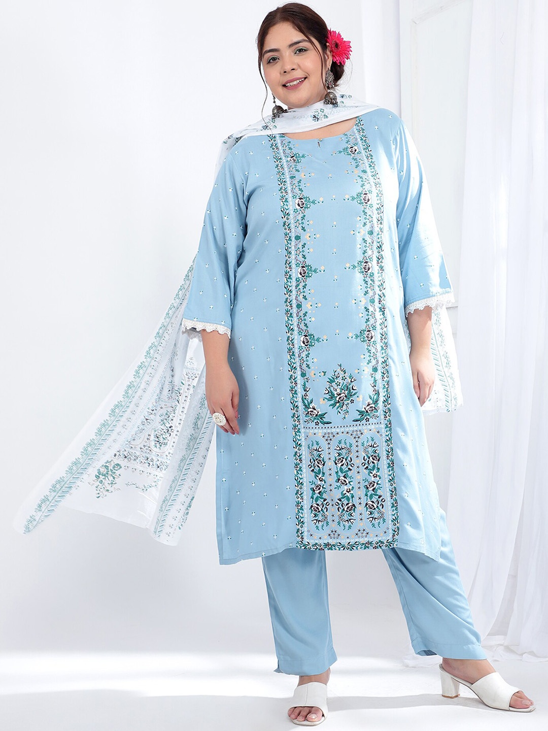 

Bani Women Floral Printed Layered Kurta With Trousers & Dupatta, Blue