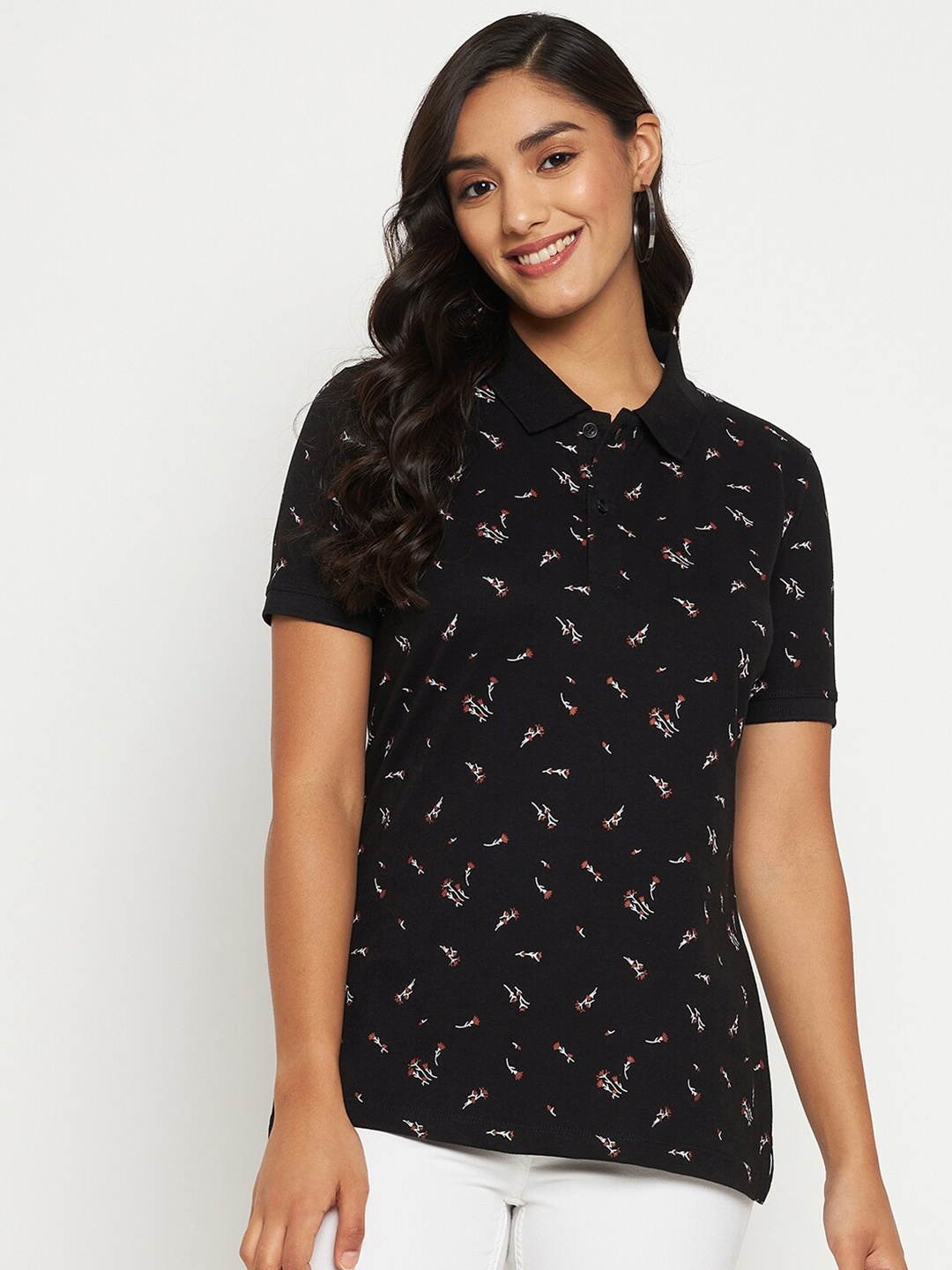 

WILD WEST Floral Printed Polo Collar Cotton T-Shirt, Black