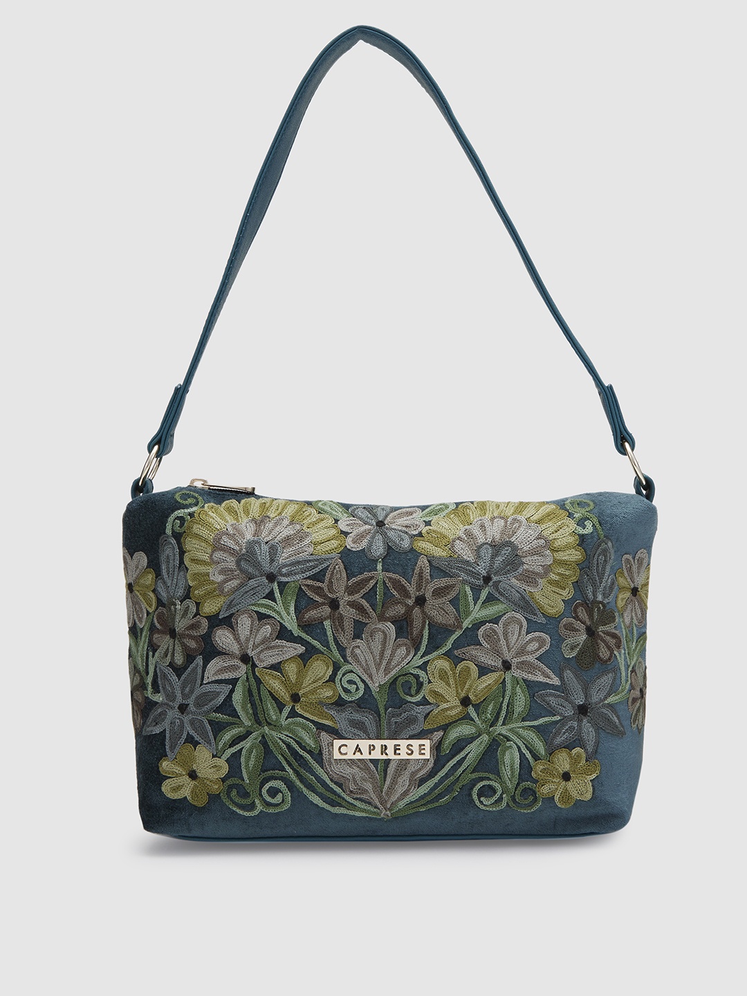 

Caprese Floral Embroidered Structured Shoulder Bag, Blue