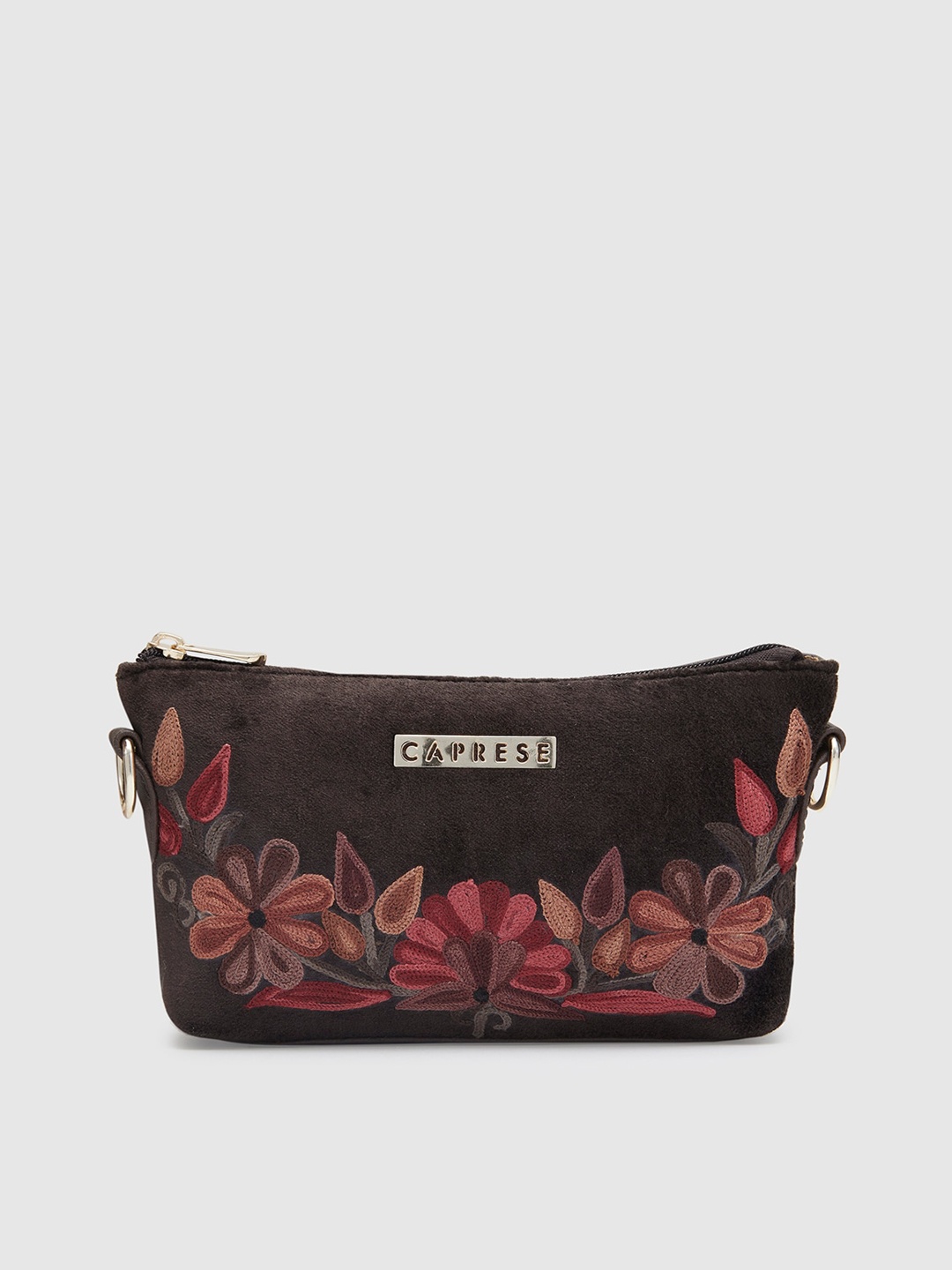 

Caprese Floral Embroidered Structured Sling Bag, Brown