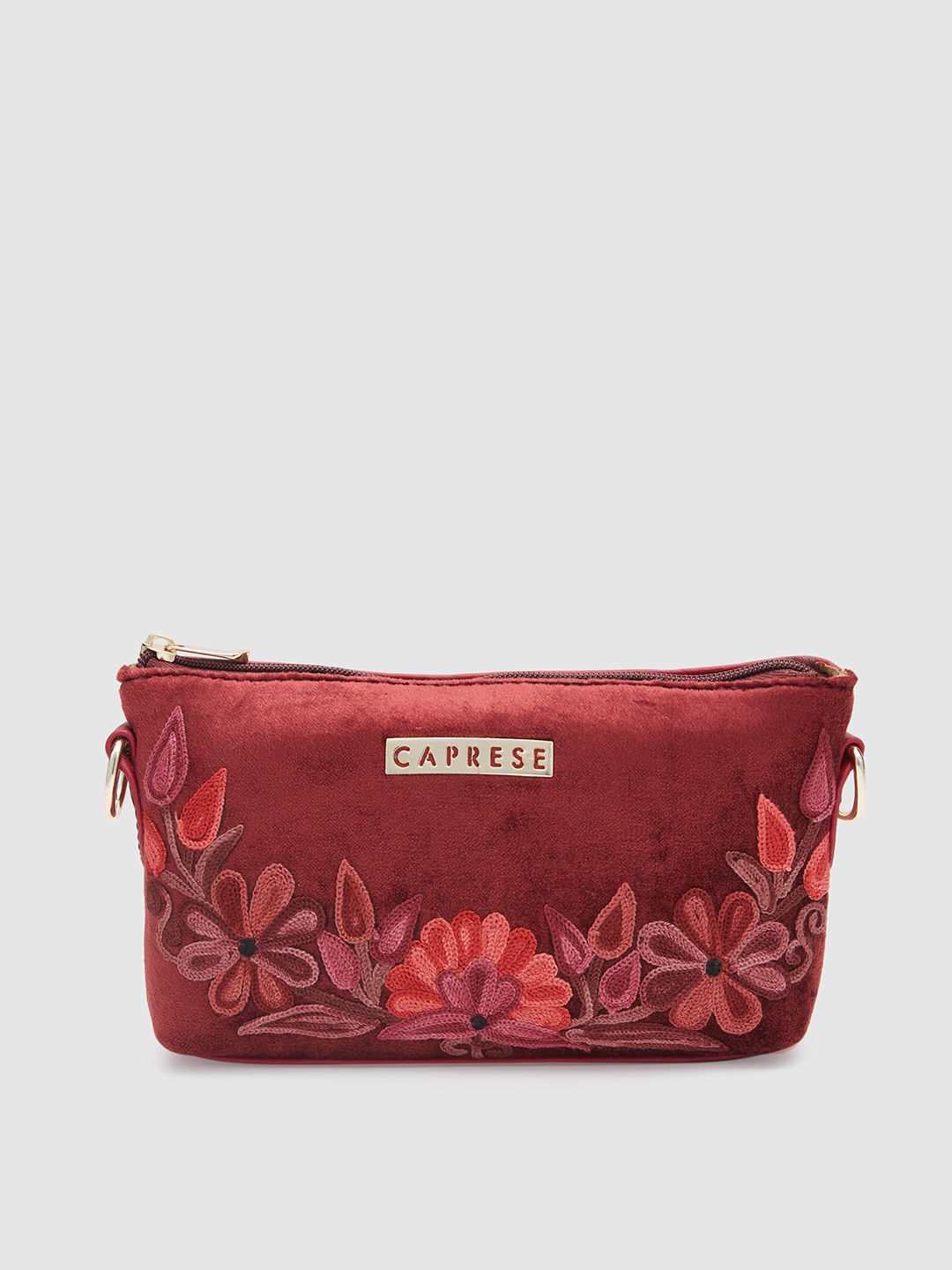 

Caprese Floral Embroidered Structured Sling Bag, Maroon