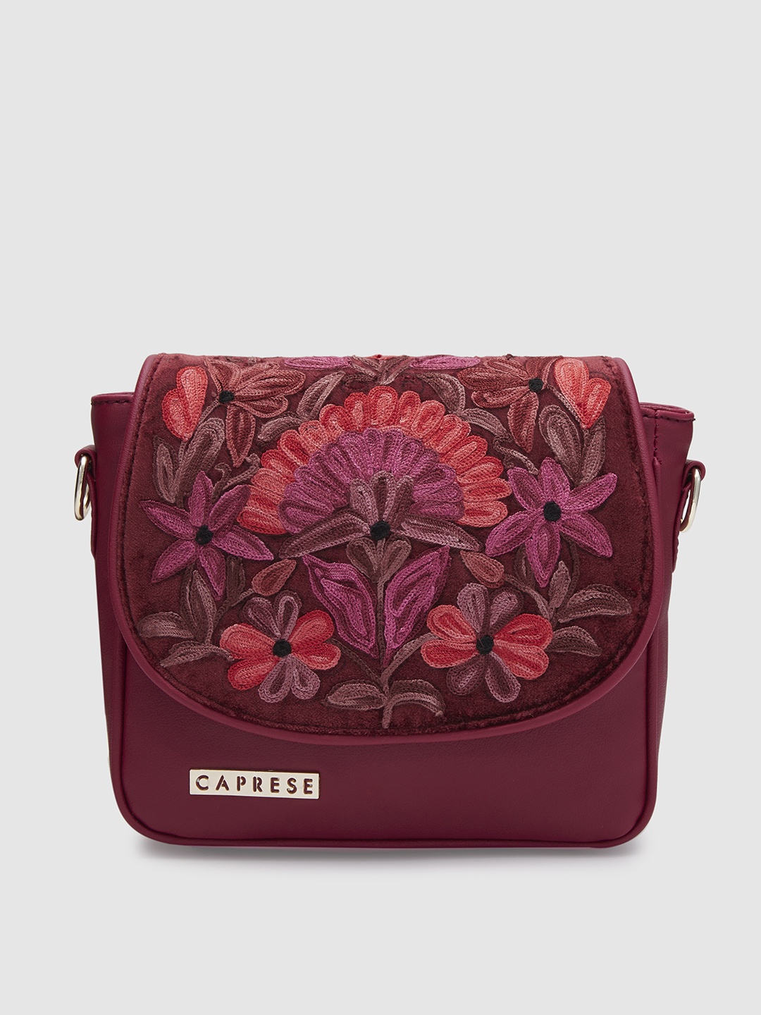 

Caprese Floral Embroidered Structured Sling Bag, Maroon