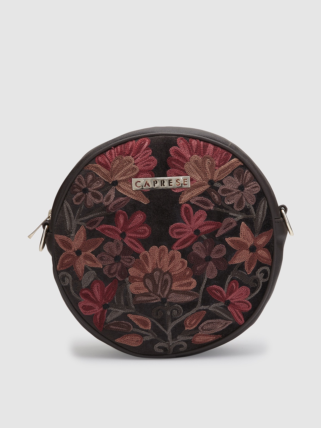 

Caprese Floral Embroidered Structured Sling Bag, Brown