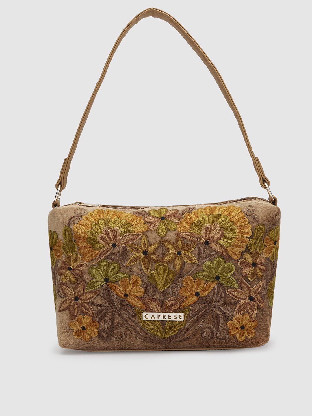 

Caprese Floral Self Design Embroidered Structured Handheld Bag, Beige