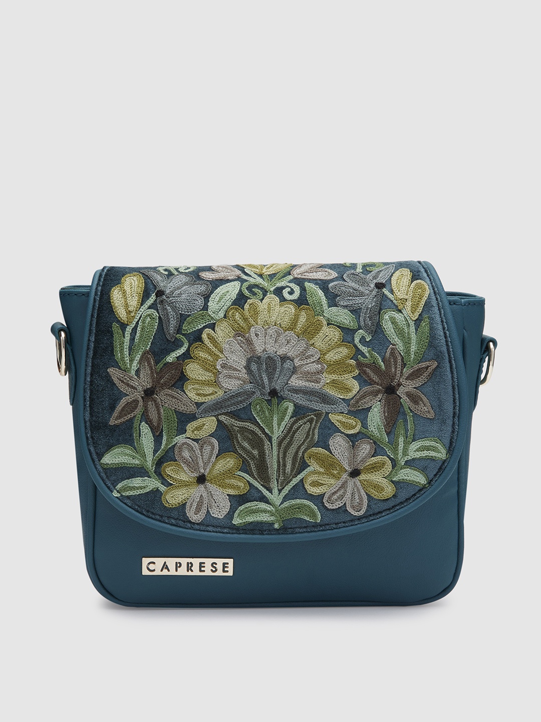 

Caprese Floral Embroidered Structured Sling Bag, Green