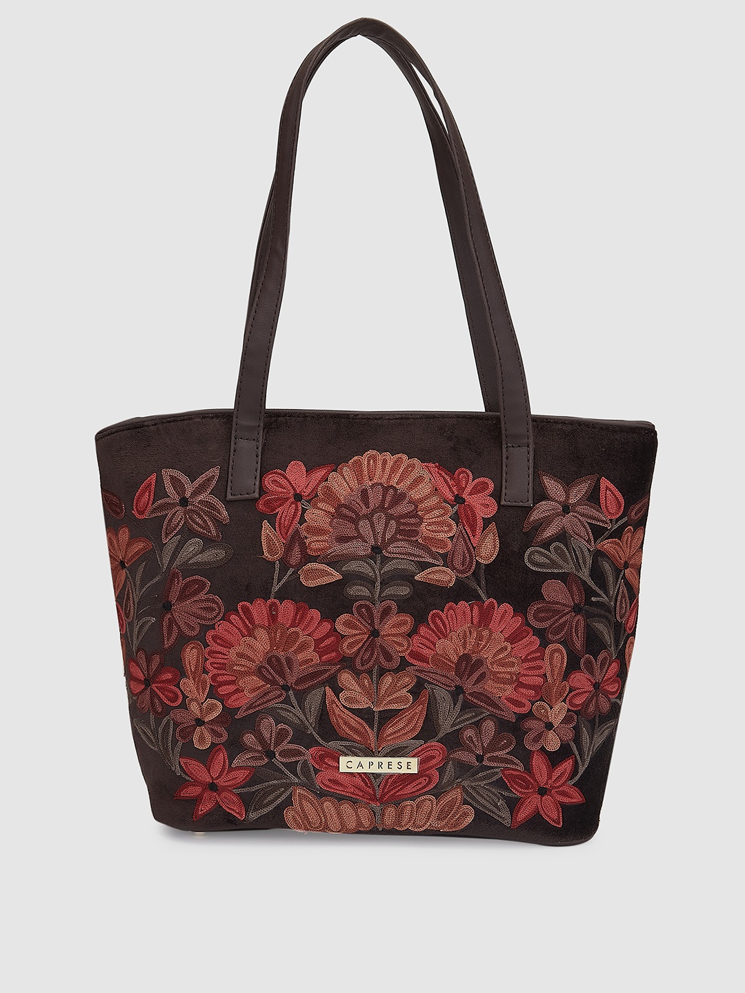 

Caprese Floral Embroidered Structured Shoulder Bag, Brown