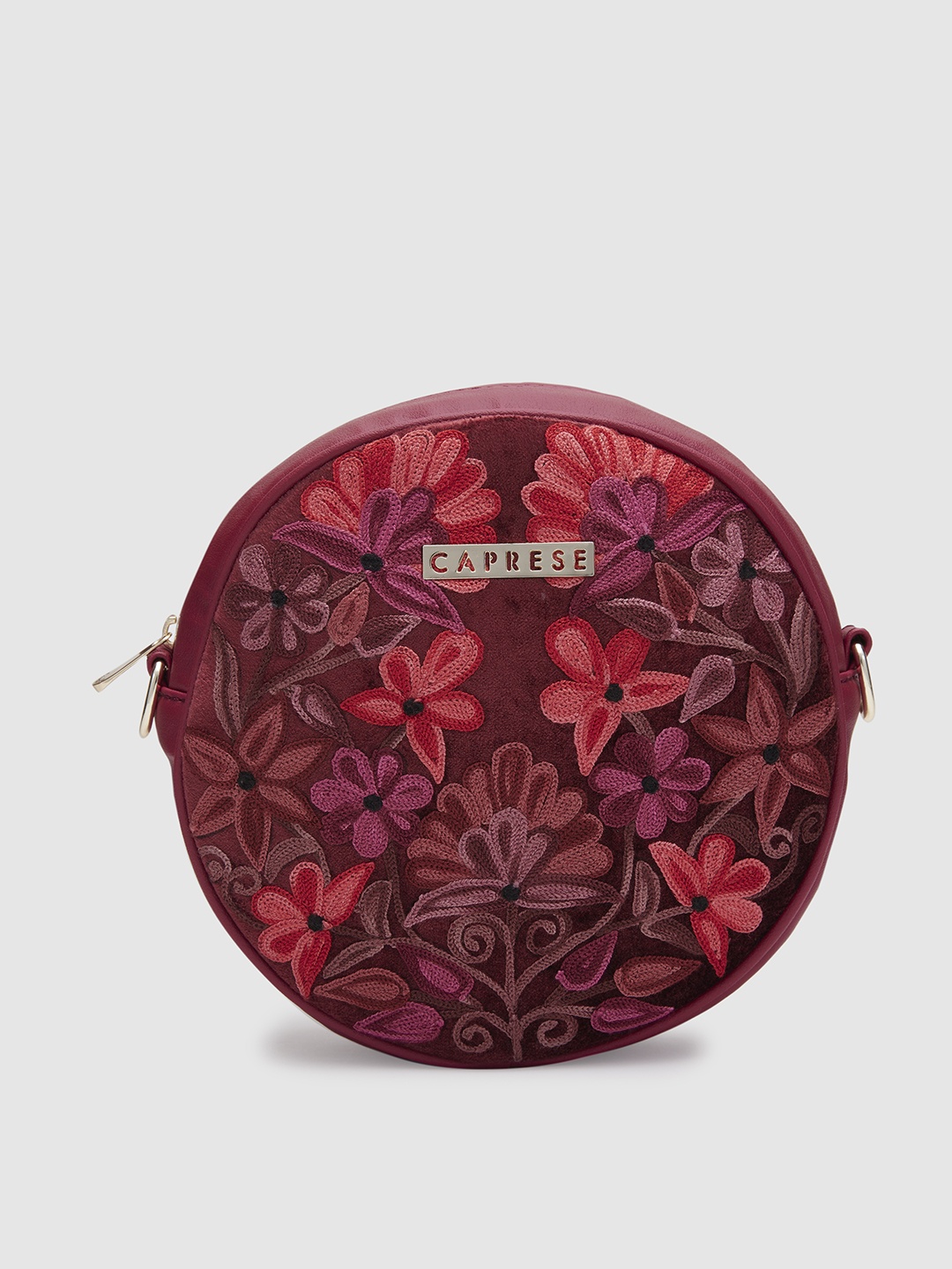 

Caprese Floral Embroidered Structured Sling Bag, Maroon