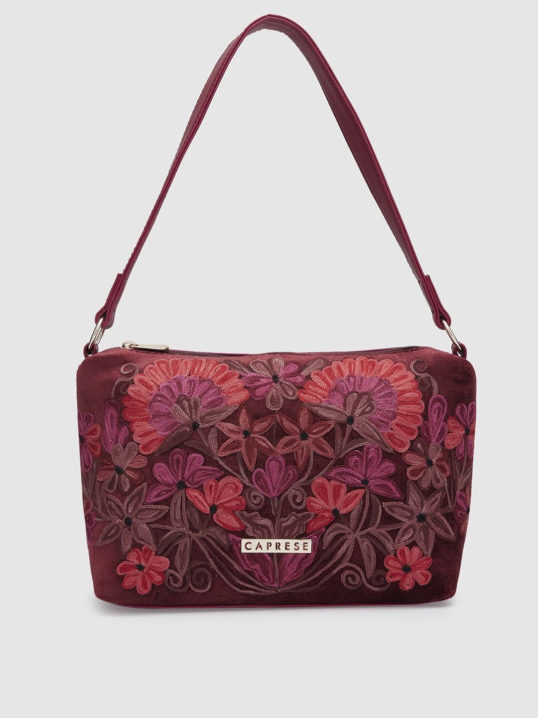 

Caprese Floral Embroidered Structured Shoulder Bag, Maroon