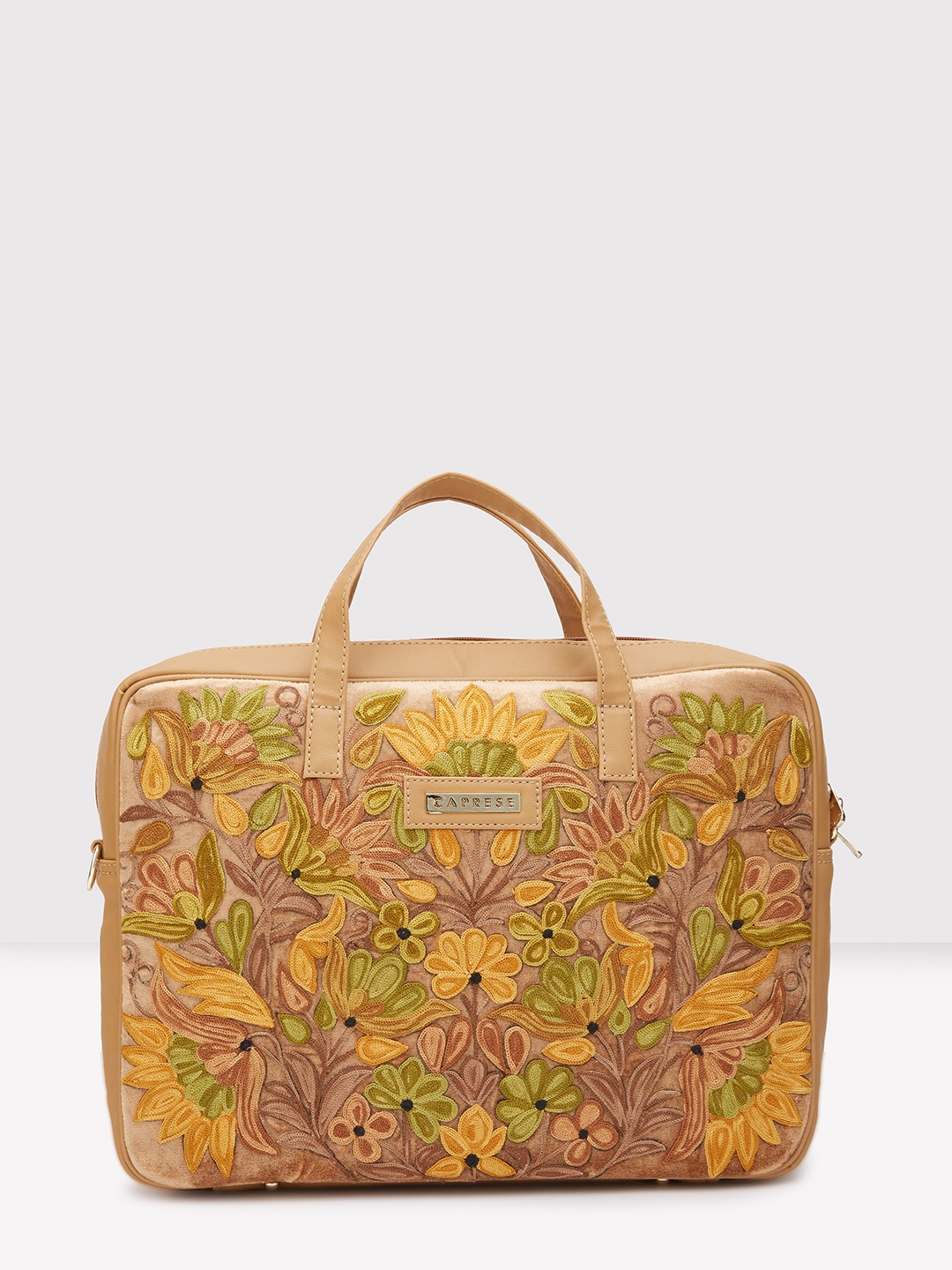 

Caprese Floral Printed Structured Handheld Bag with Cut Work, Beige