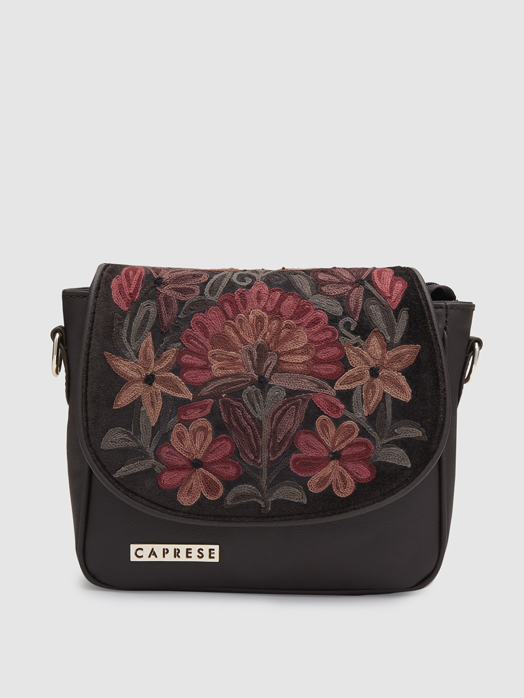 

Caprese Floral Printed Bucket Sling Bag with Cut Work, Brown