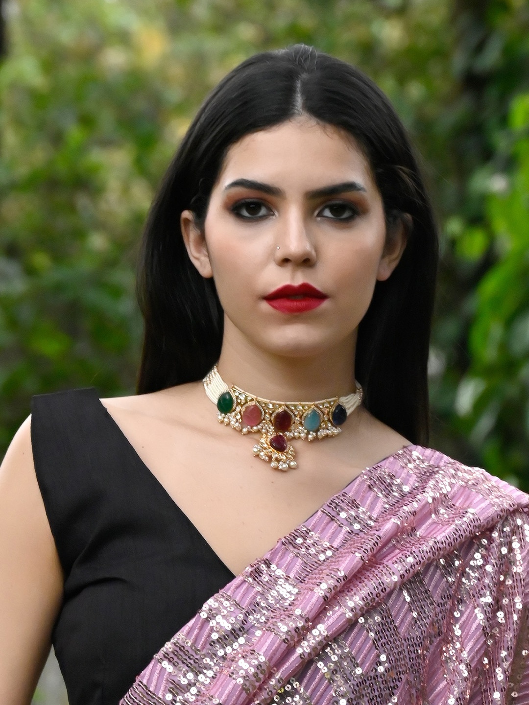 

ODETTE Gold-Plated Stone Studded & Beaded Choker Jewellery Set