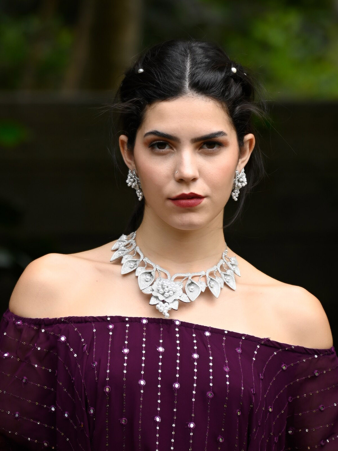 

ODETTE Rhodium-Plated Stone Studded & Beaded Jewellery Set, Silver