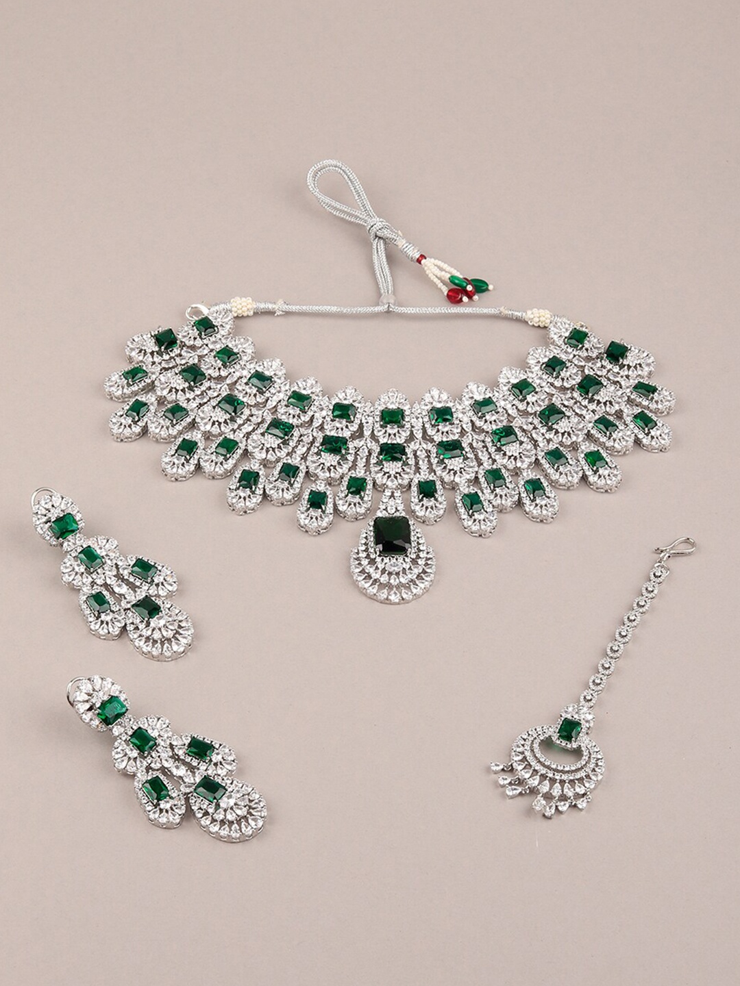 

ODETTE Rhodium-Plated Stone-Studded & Beaded Jewellery Set, Silver