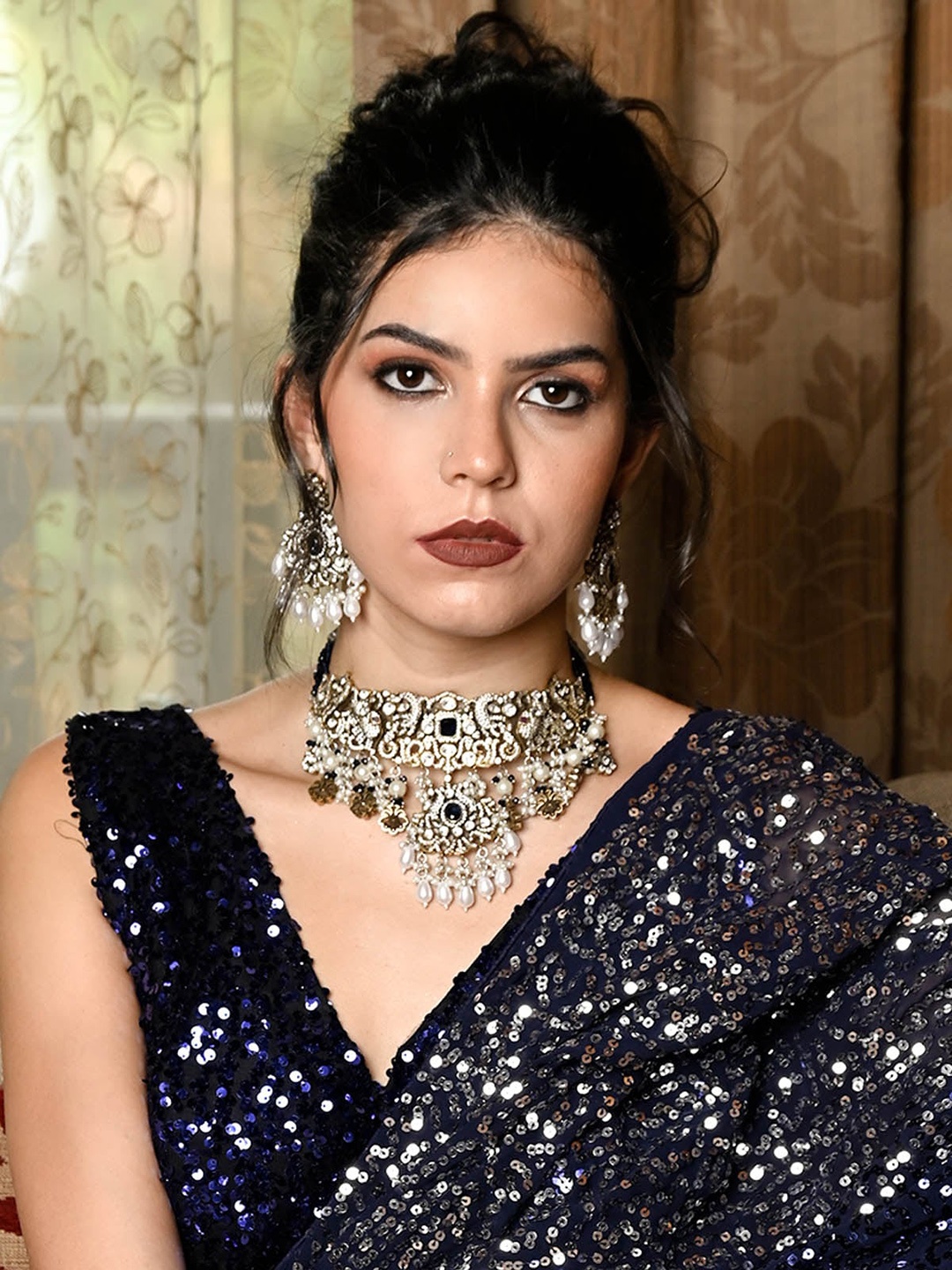 

ODETTE Gold-Plated Stone-Studded & Beaded Jewellery Set