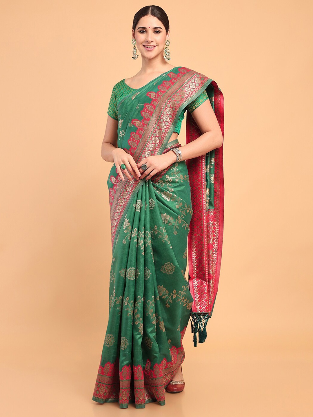 

MIMOSA Woven Design Zari Art Silk Banarasi Saree, Green