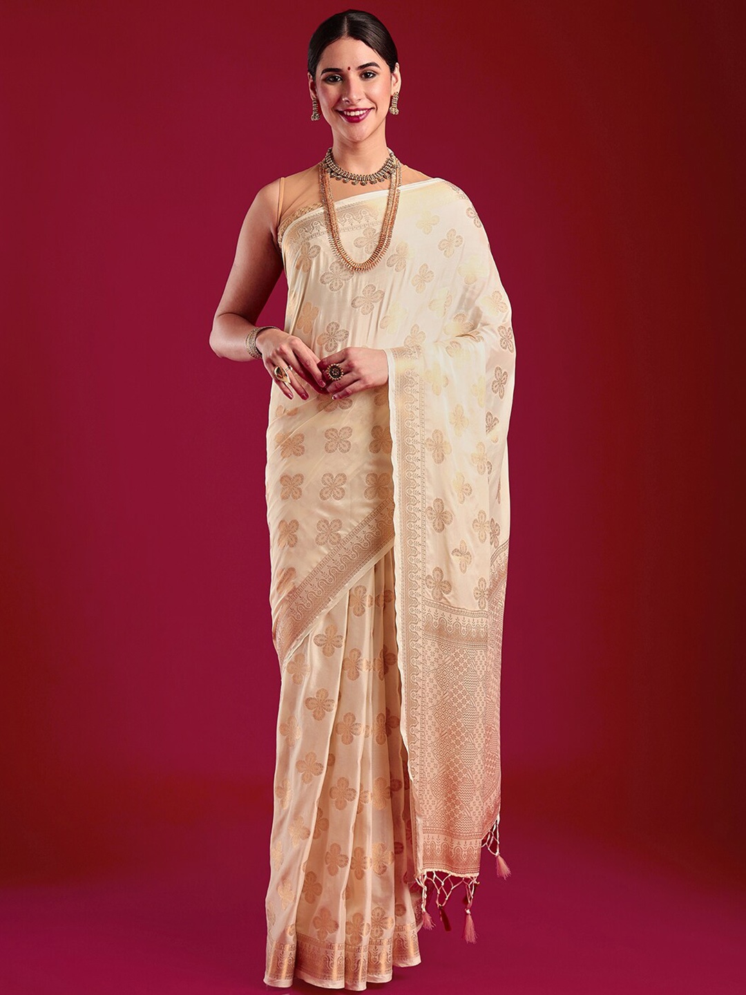 

MIMOSA Woven Design Zari Poly Crepe Kasavu Saree, Cream