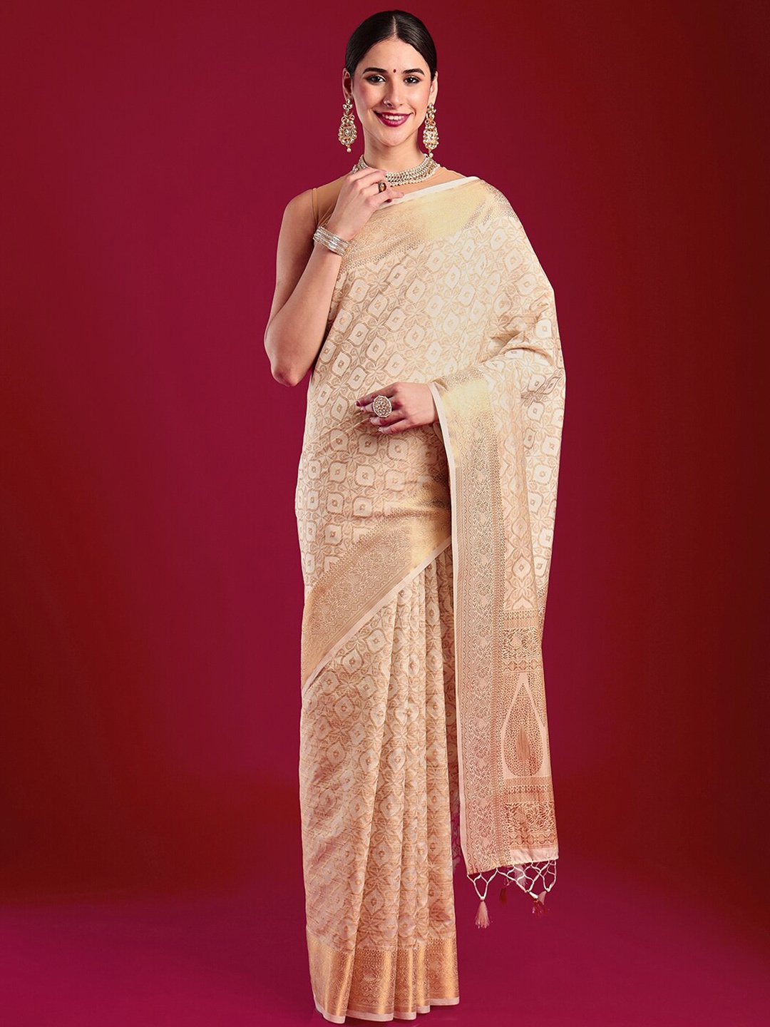

MIMOSA Woven Design Zari Art Silk Kasavu Saree, Cream