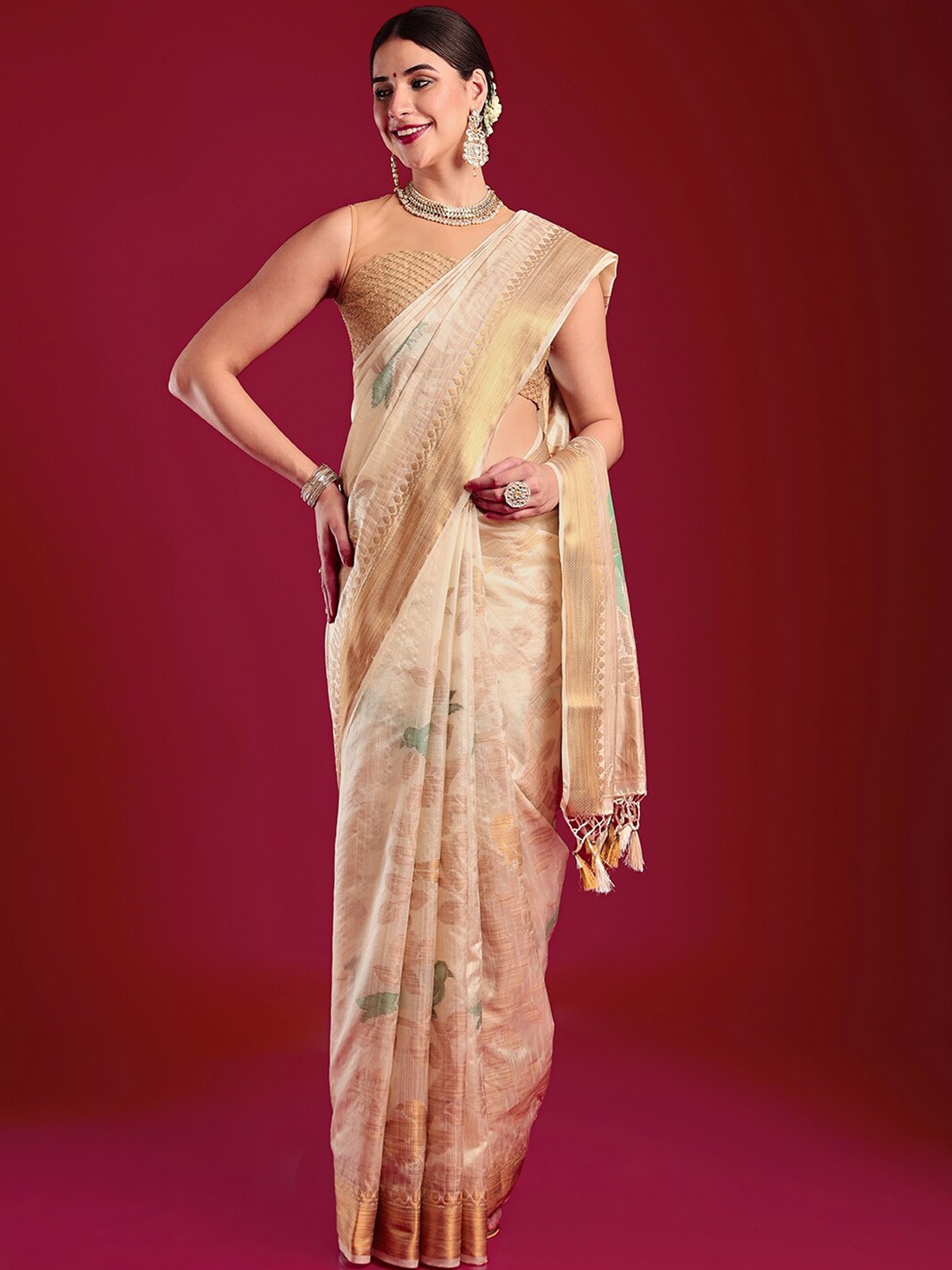 

MIMOSA Woven Design Zari Art Silk Kanjeevaram Saree, Cream