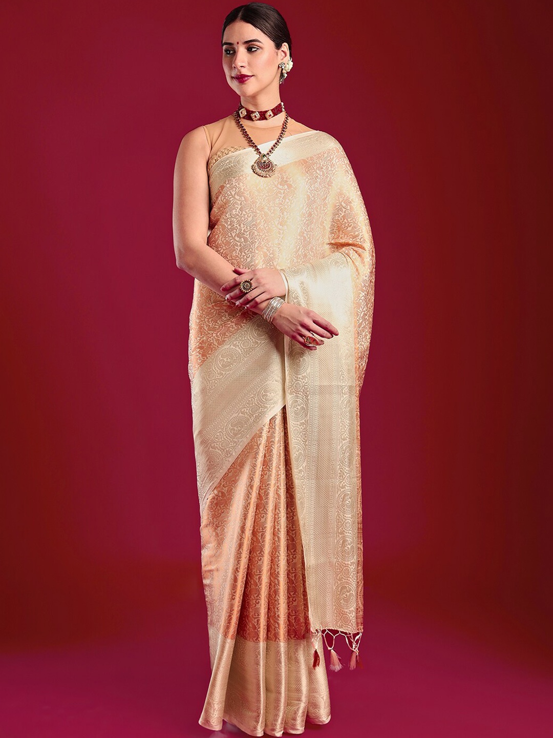 

MIMOSA Woven Design Zari Art Silk Kanjeevaram Saree, Cream