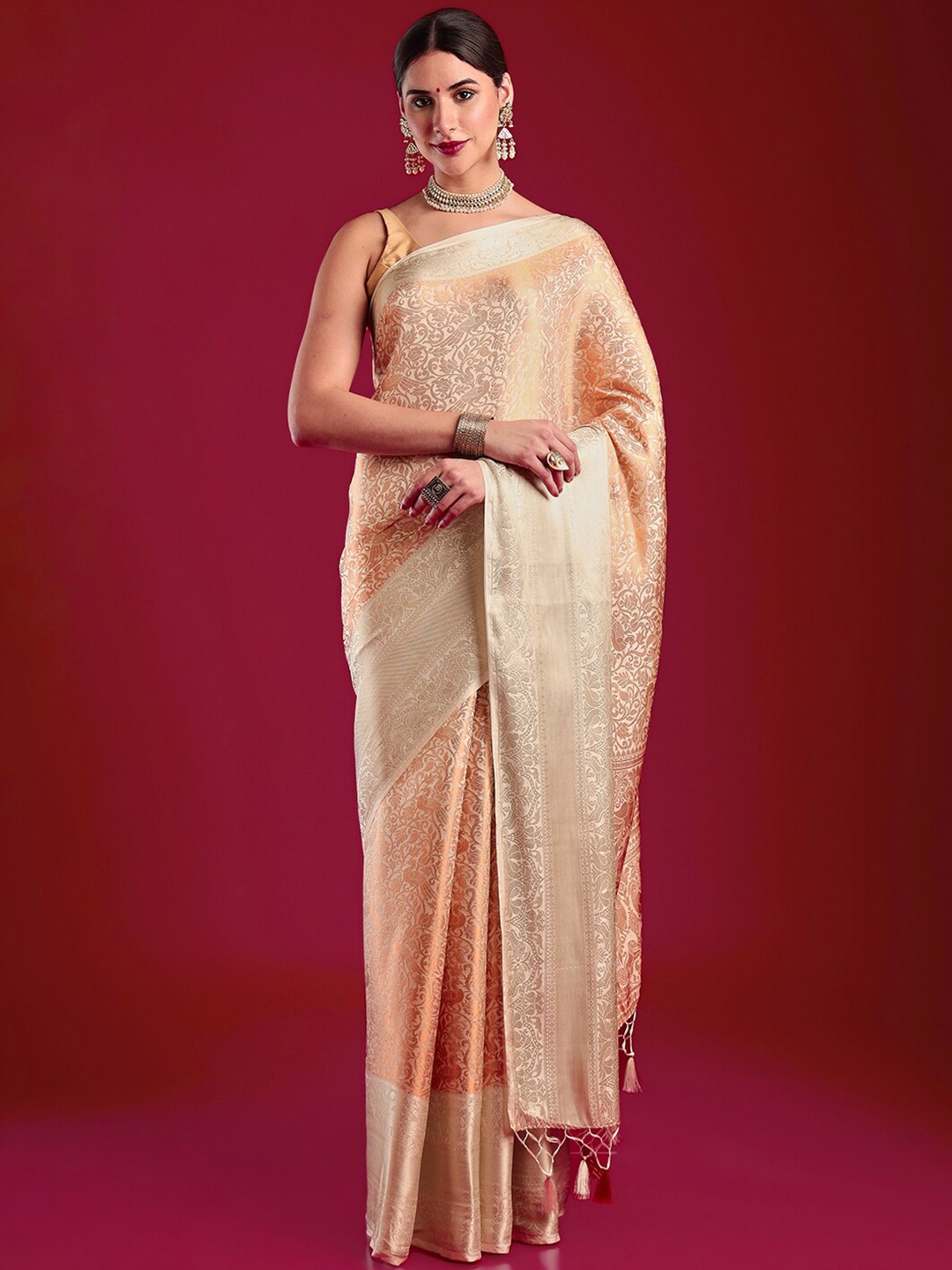 

MIMOSA Woven Design Zari Art Silk Kanjeevaram Saree, Cream