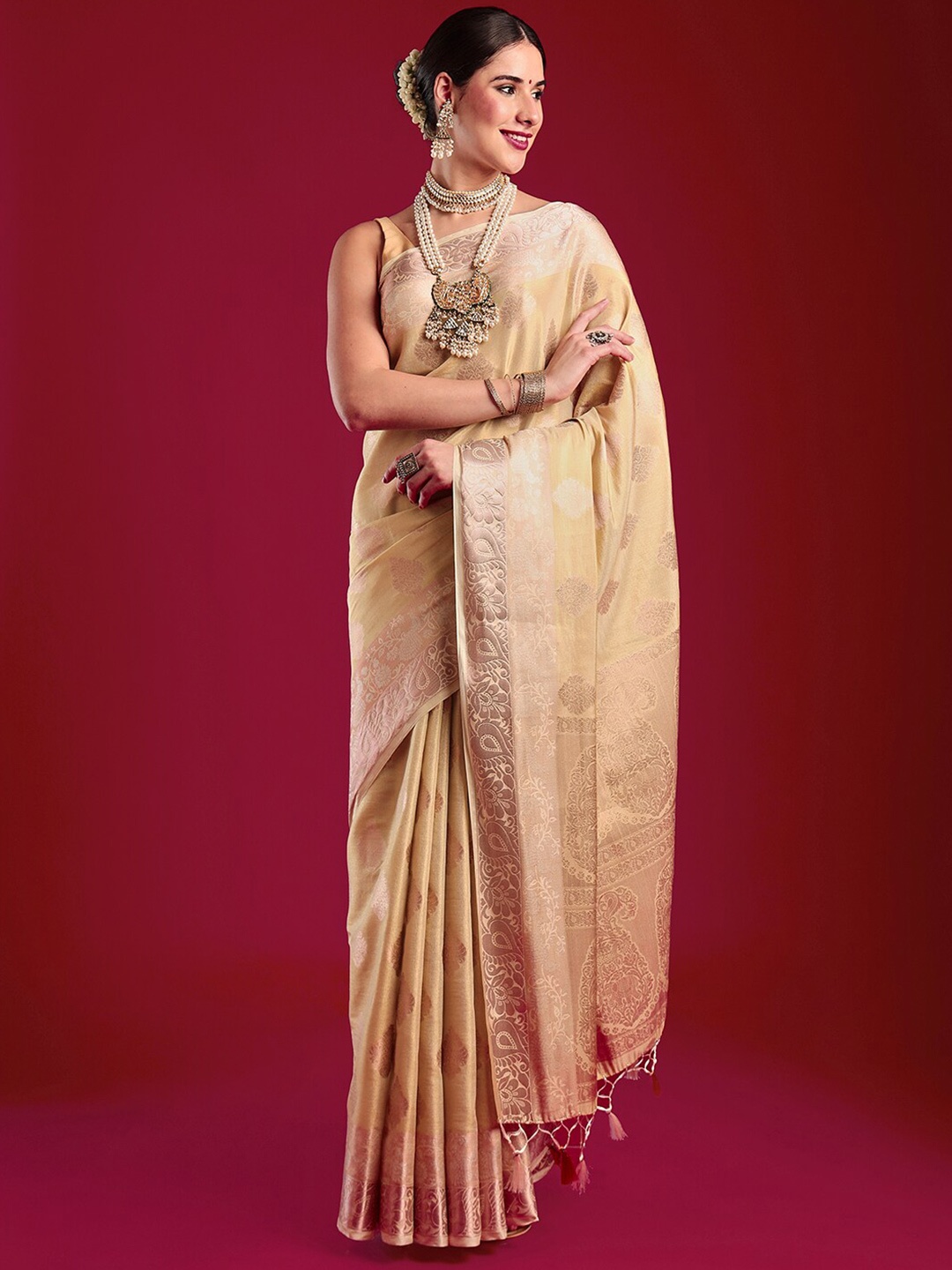 

MIMOSA Woven Design Zari Kanjeevaram Saree, Cream