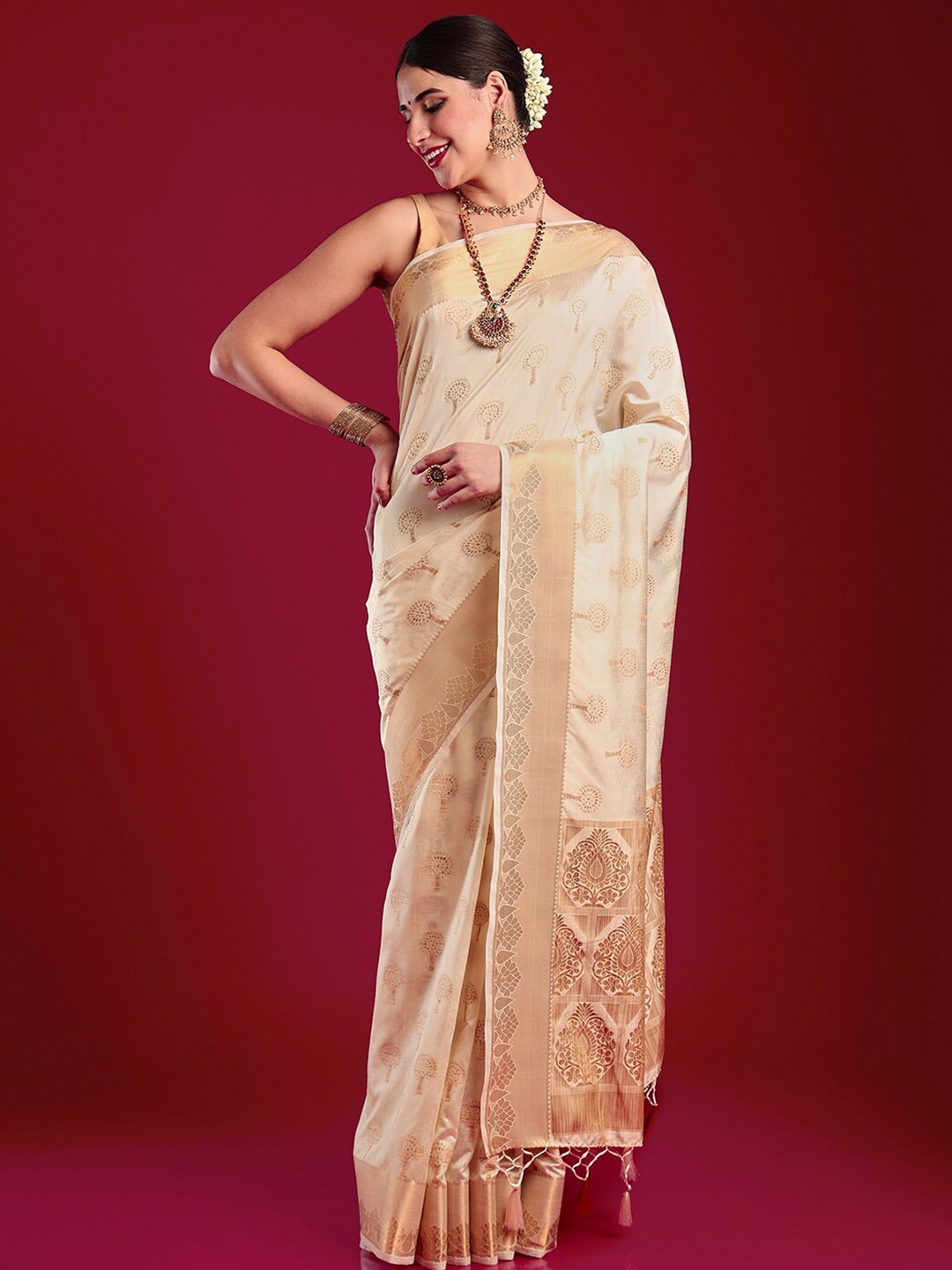 

MIMOSA Woven Design Zari Art Silk Kasavu Saree, Cream