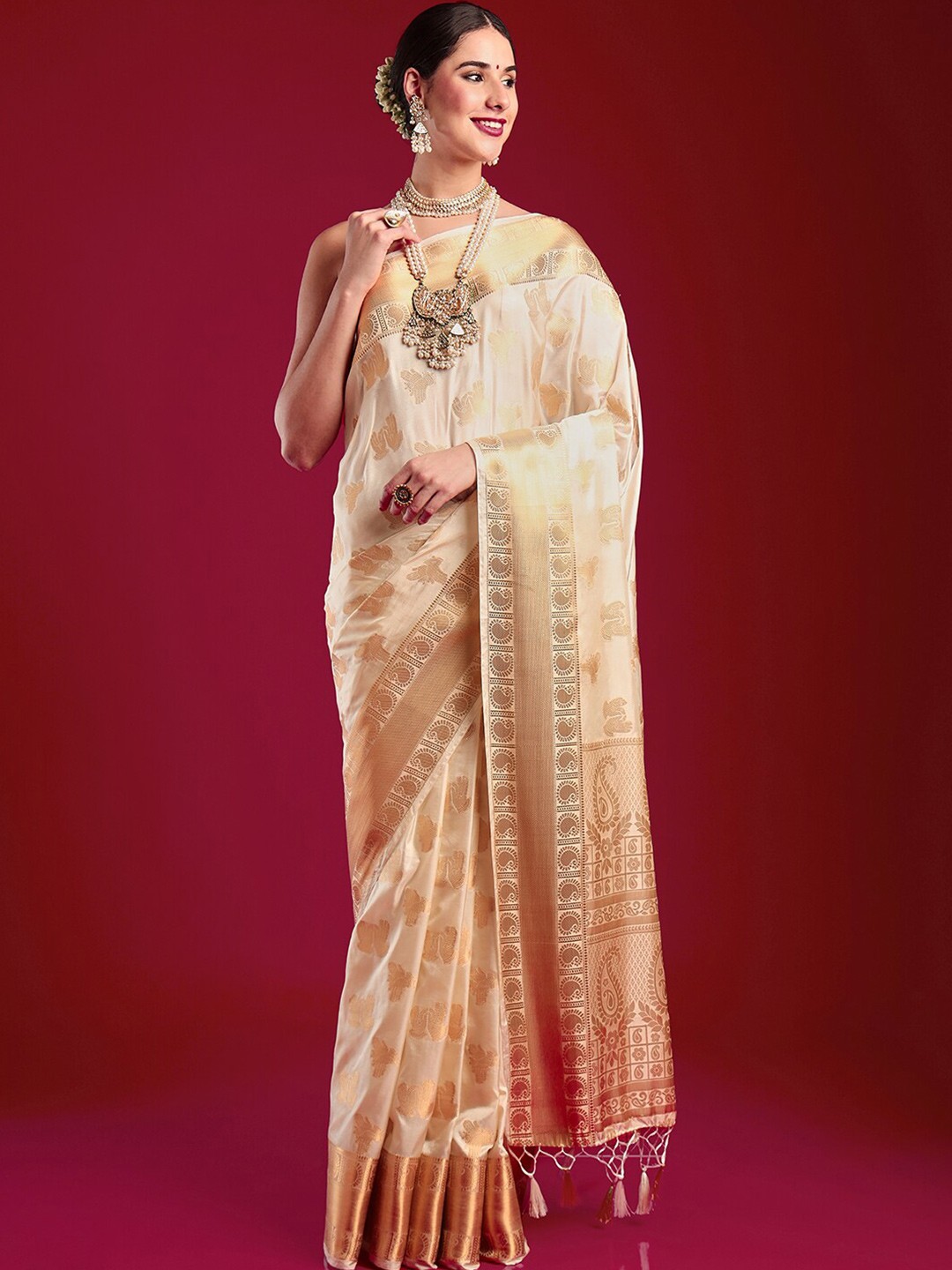 

MIMOSA Woven Design Zari Kasavu Saree, Cream