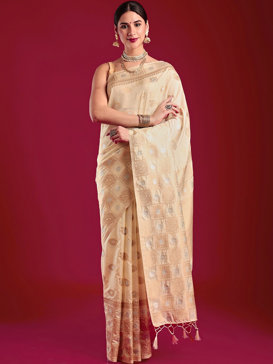 

MIMOSA Woven Design Zari Art Silk Kasavu Saree, Cream