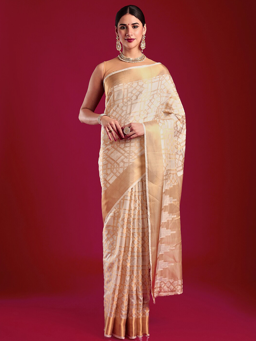 

MIMOSA Woven Design Zari Art Silk Kasavu Saree, Cream