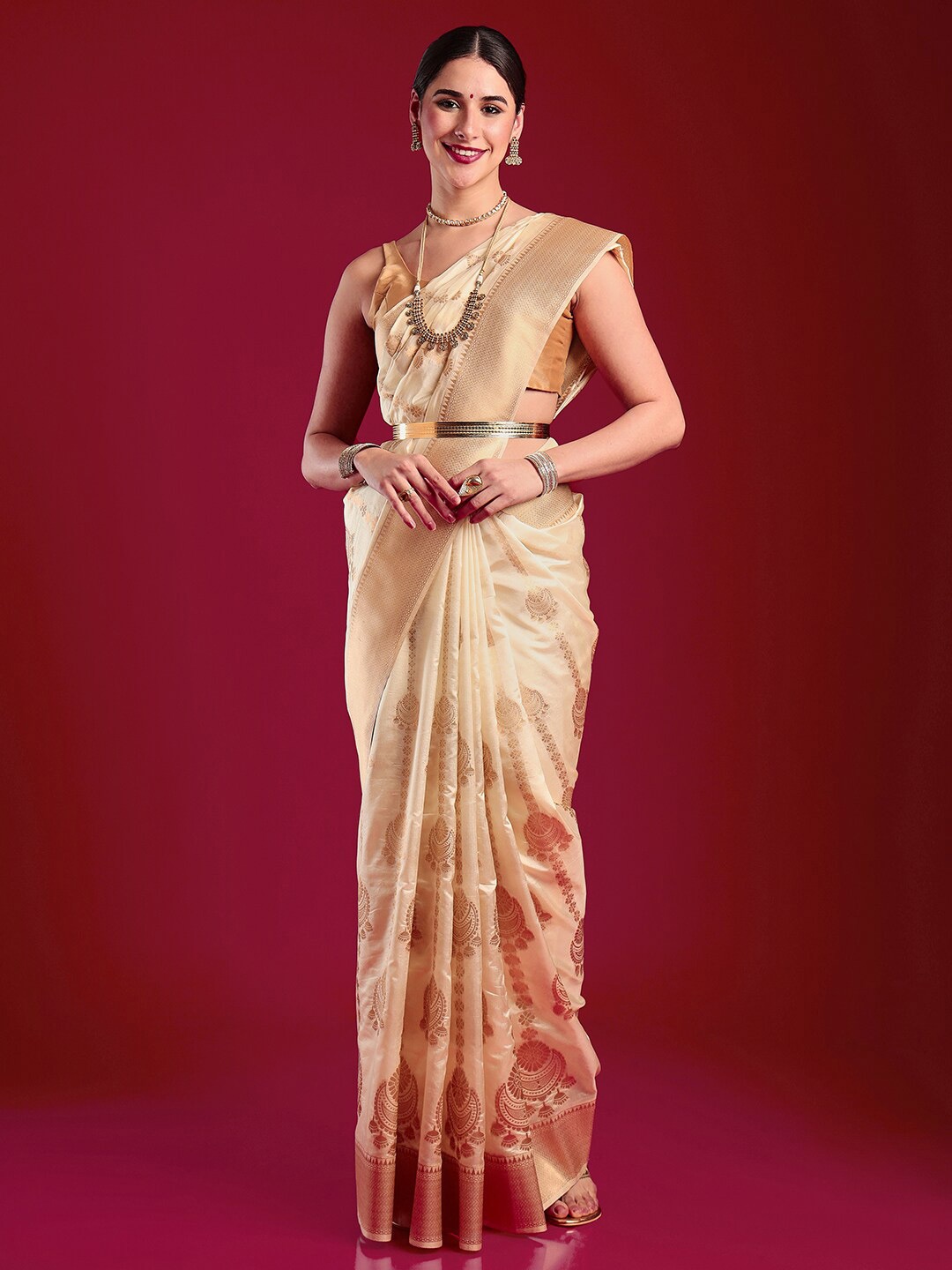 

MIMOSA Woven Design Zari Art Silk Kasavu Saree, Cream