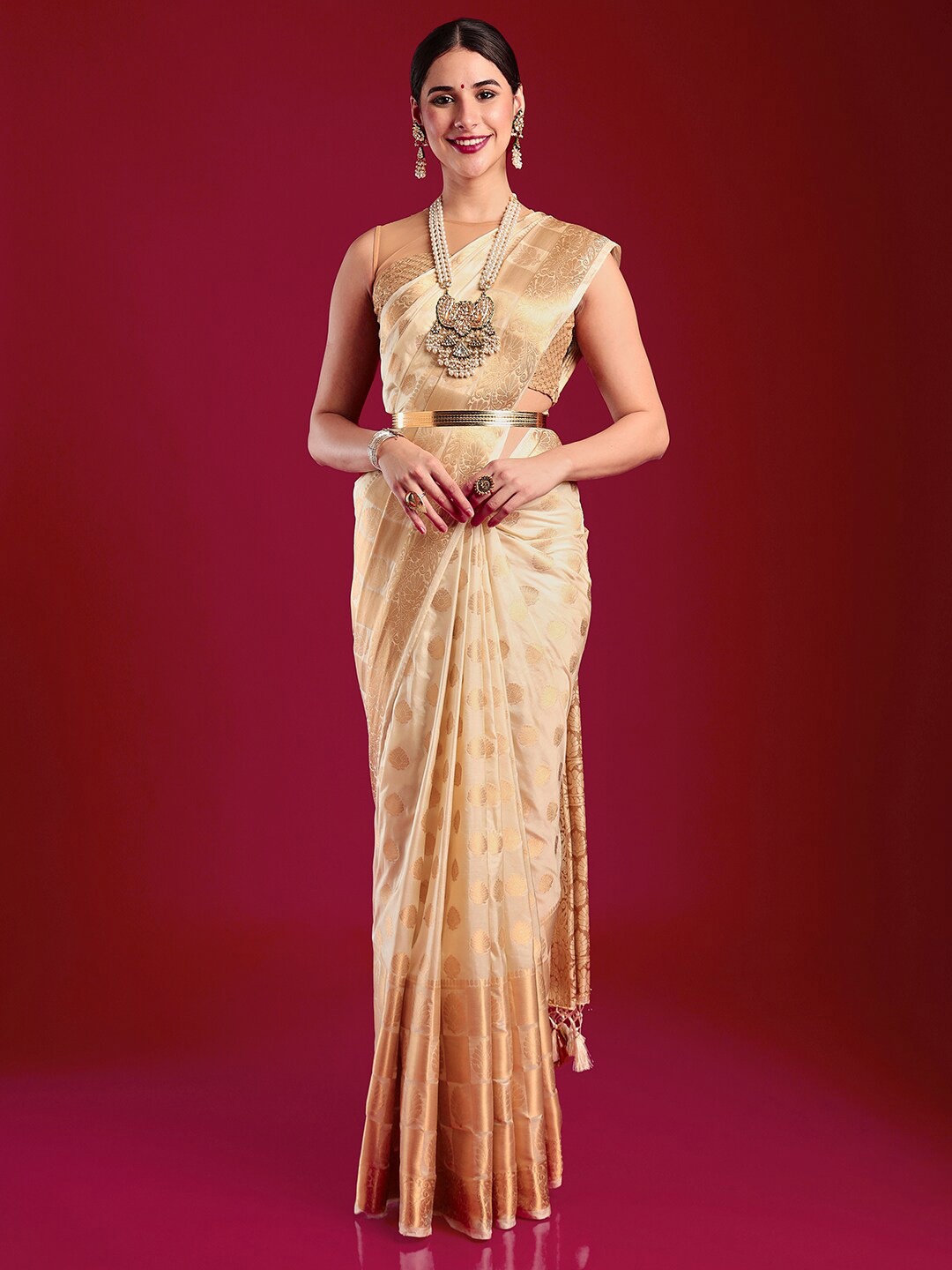 

MIMOSA Woven Design Art Silk Kasavu Saree, Cream