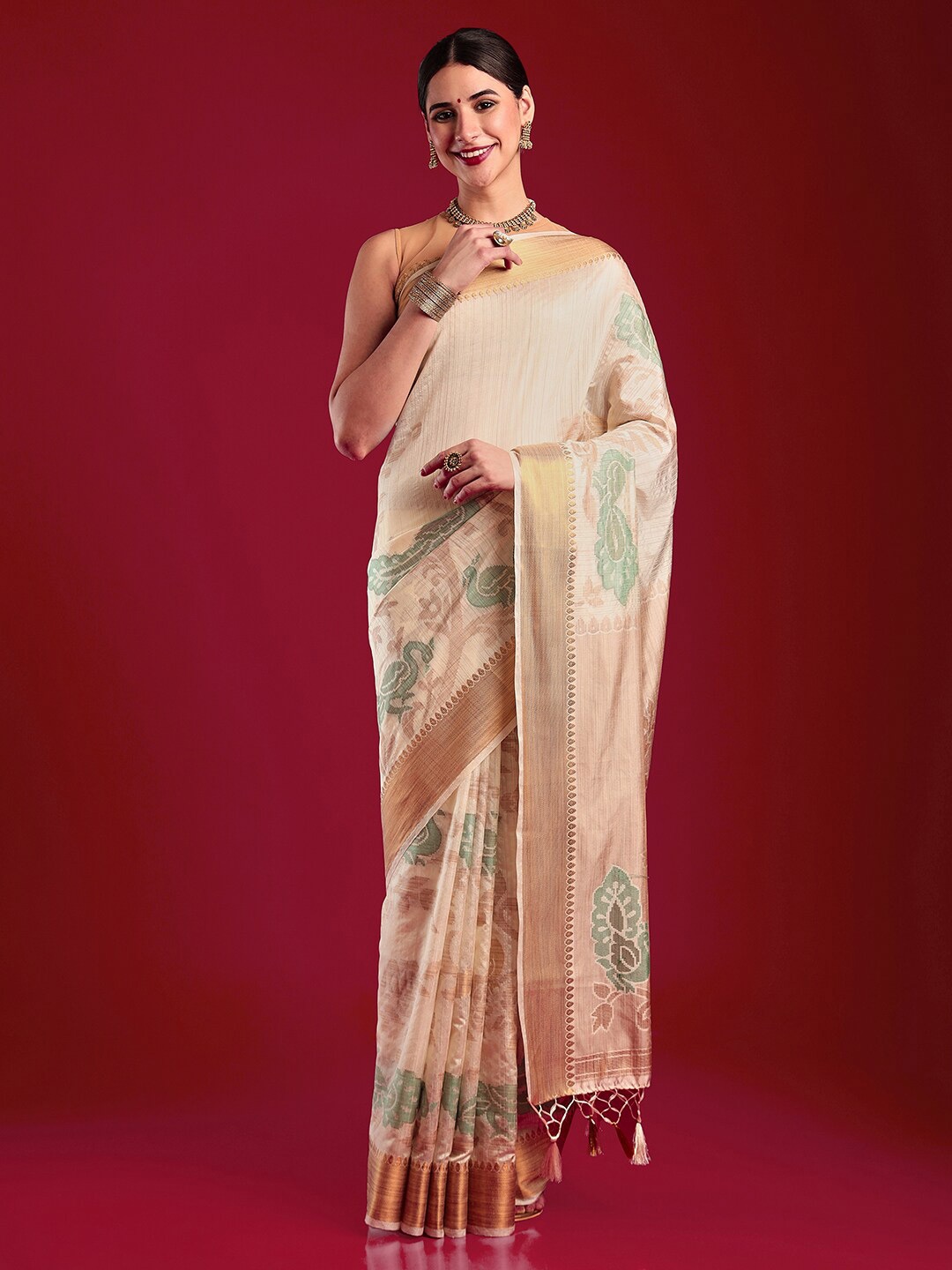 

MIMOSA Woven Design Zari Art Silk Kanjeevaram Saree, Cream