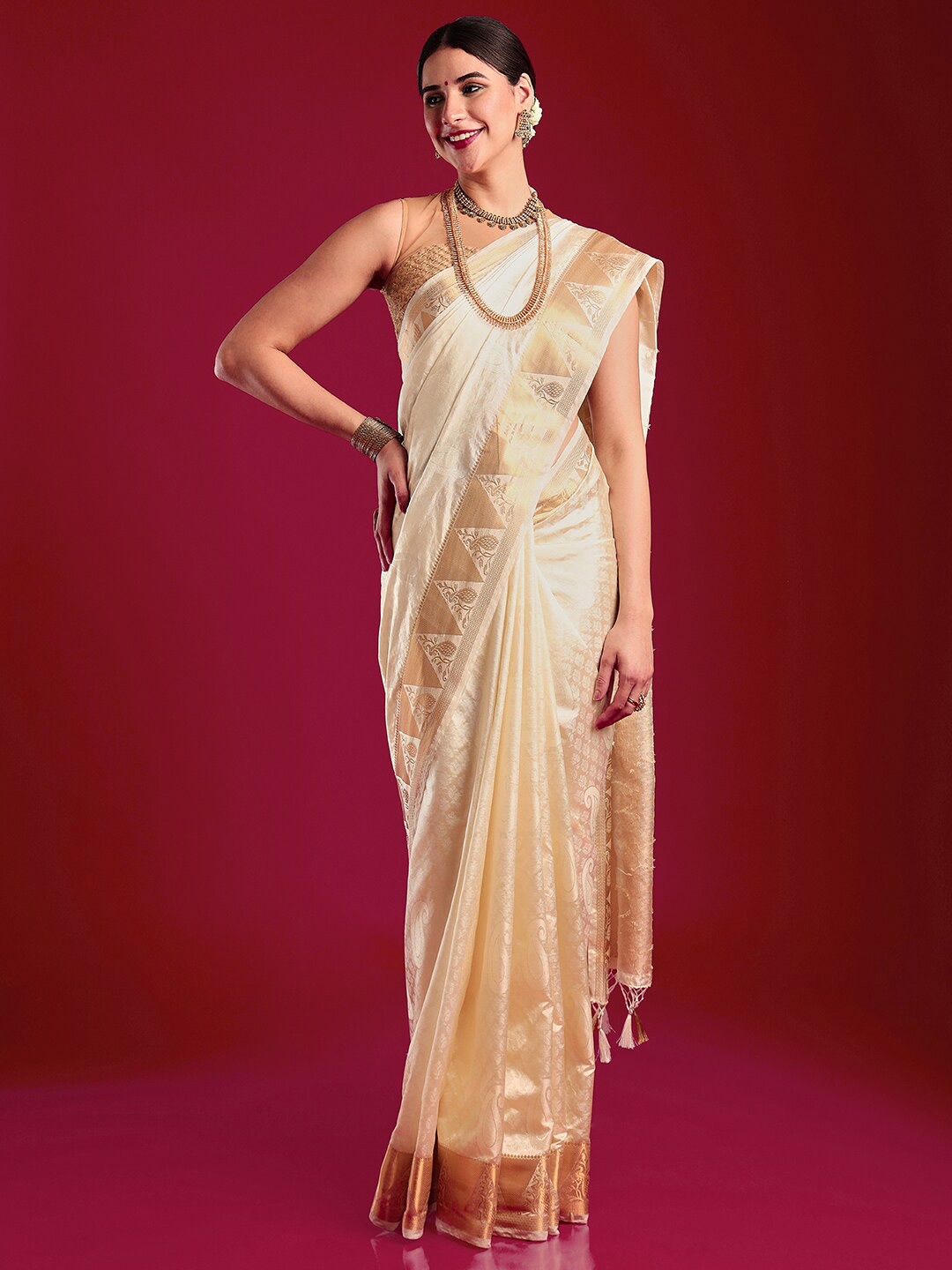 

MIMOSA Woven Design Zari Kasavu Saree, Cream