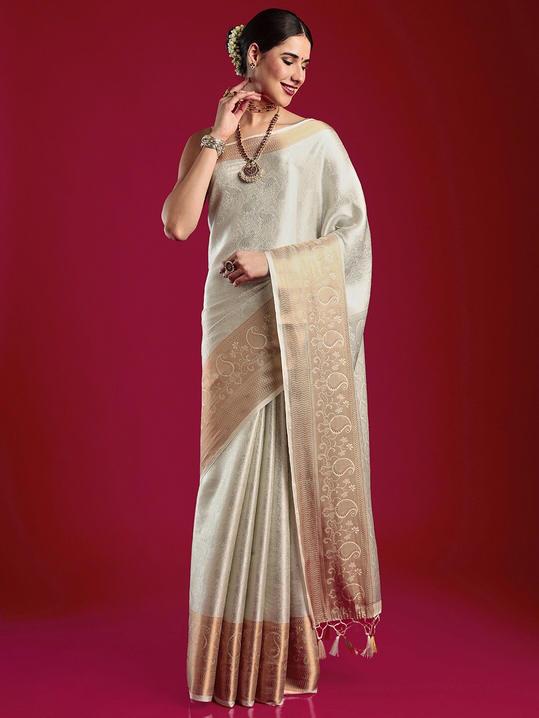 

MIMOSA Woven Design Zari Art Silk Kasavu Saree, Cream