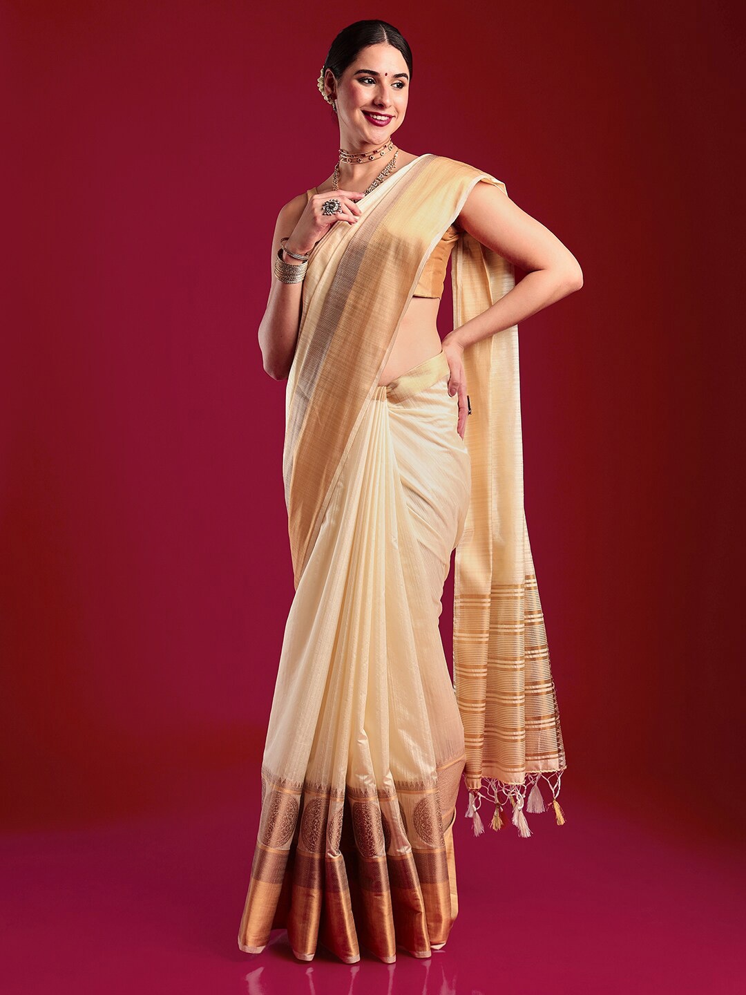 

MIMOSA Woven Design Zari Art Silk Kasavu Saree, Cream