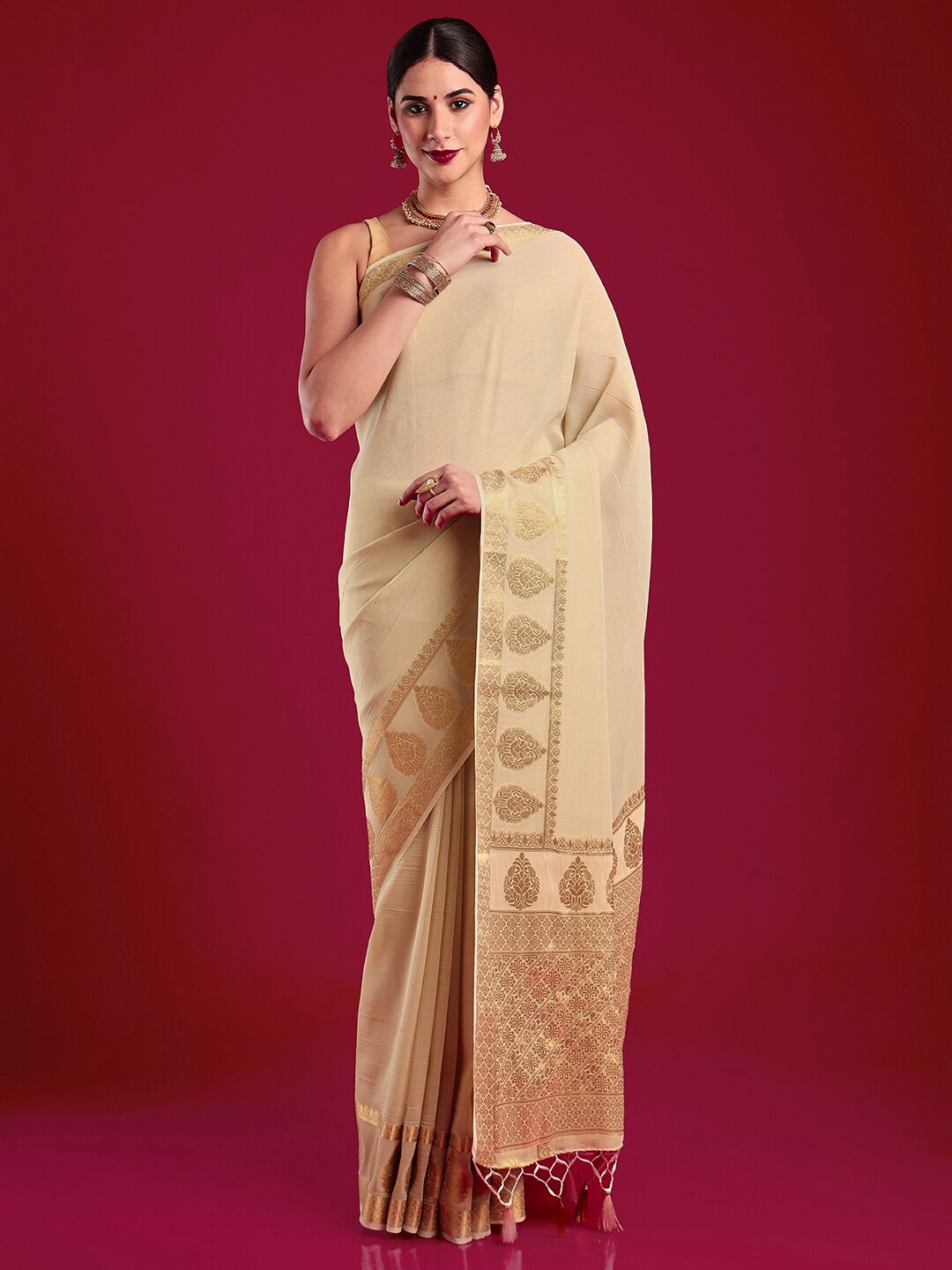 

MIMOSA Zari Poly Chiffon Kasavu Saree, Cream