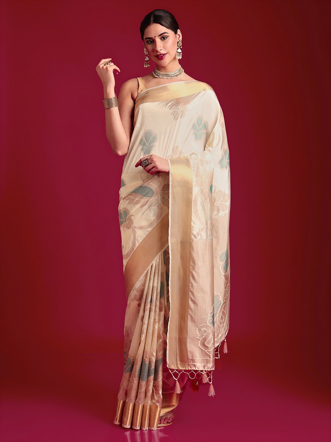 

MIMOSA Woven Design Zari Kanjeevaram Saree, Cream