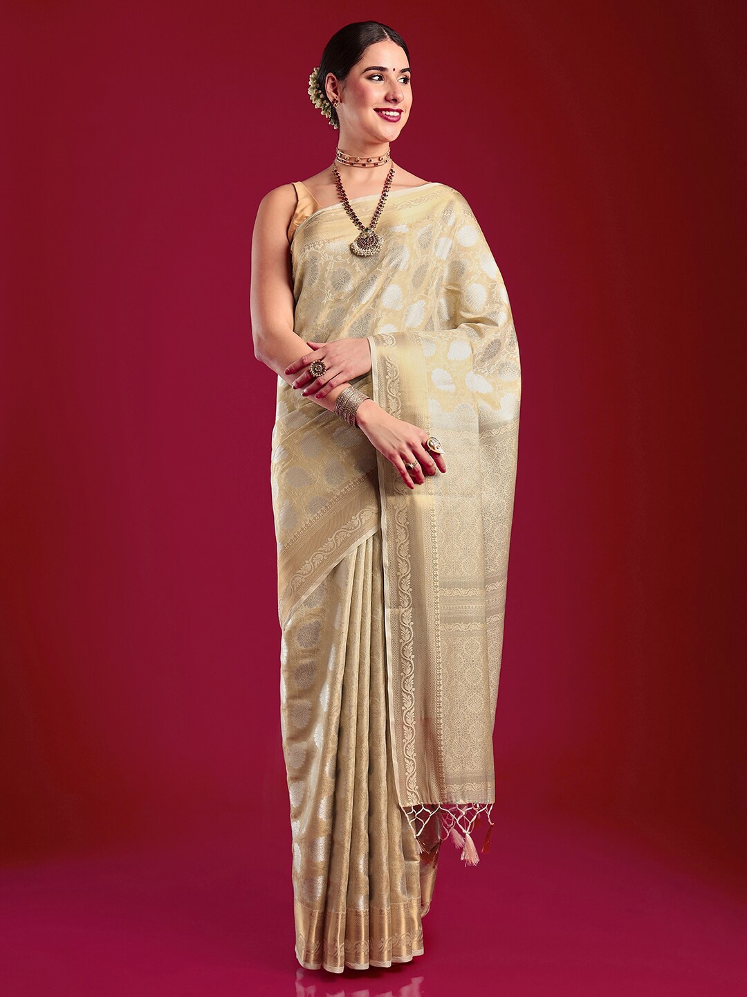 

MIMOSA Woven Design Zari Kanjeevaram Saree, Cream
