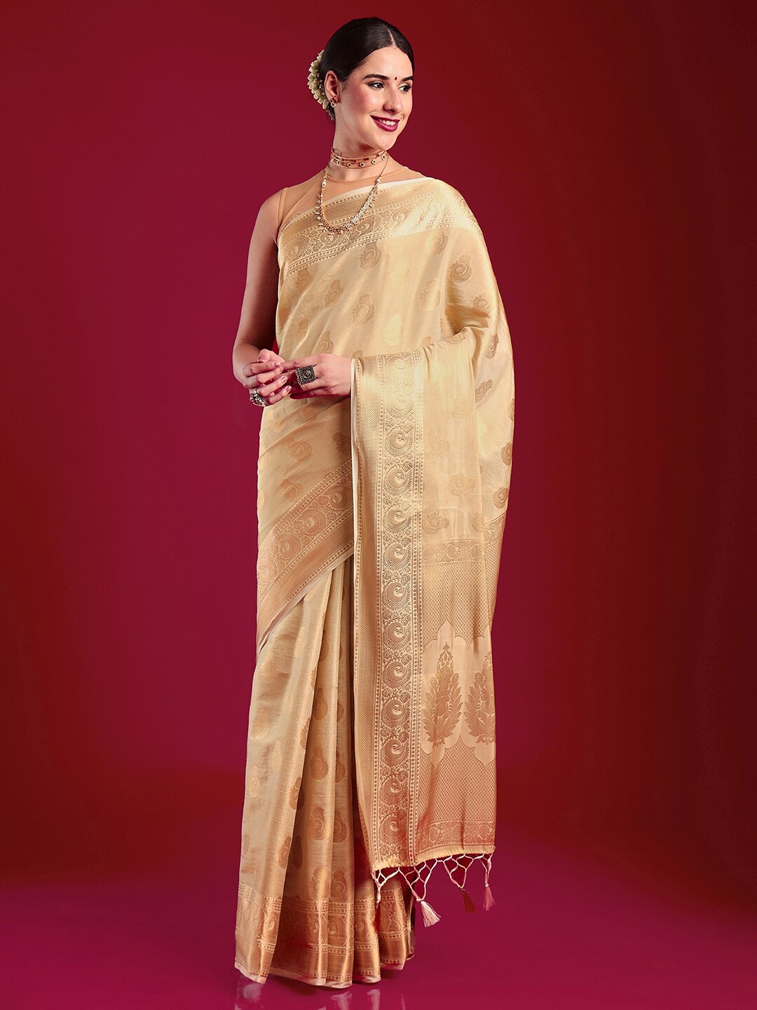 

MIMOSA Woven Design Zari Kasavu Saree, Cream