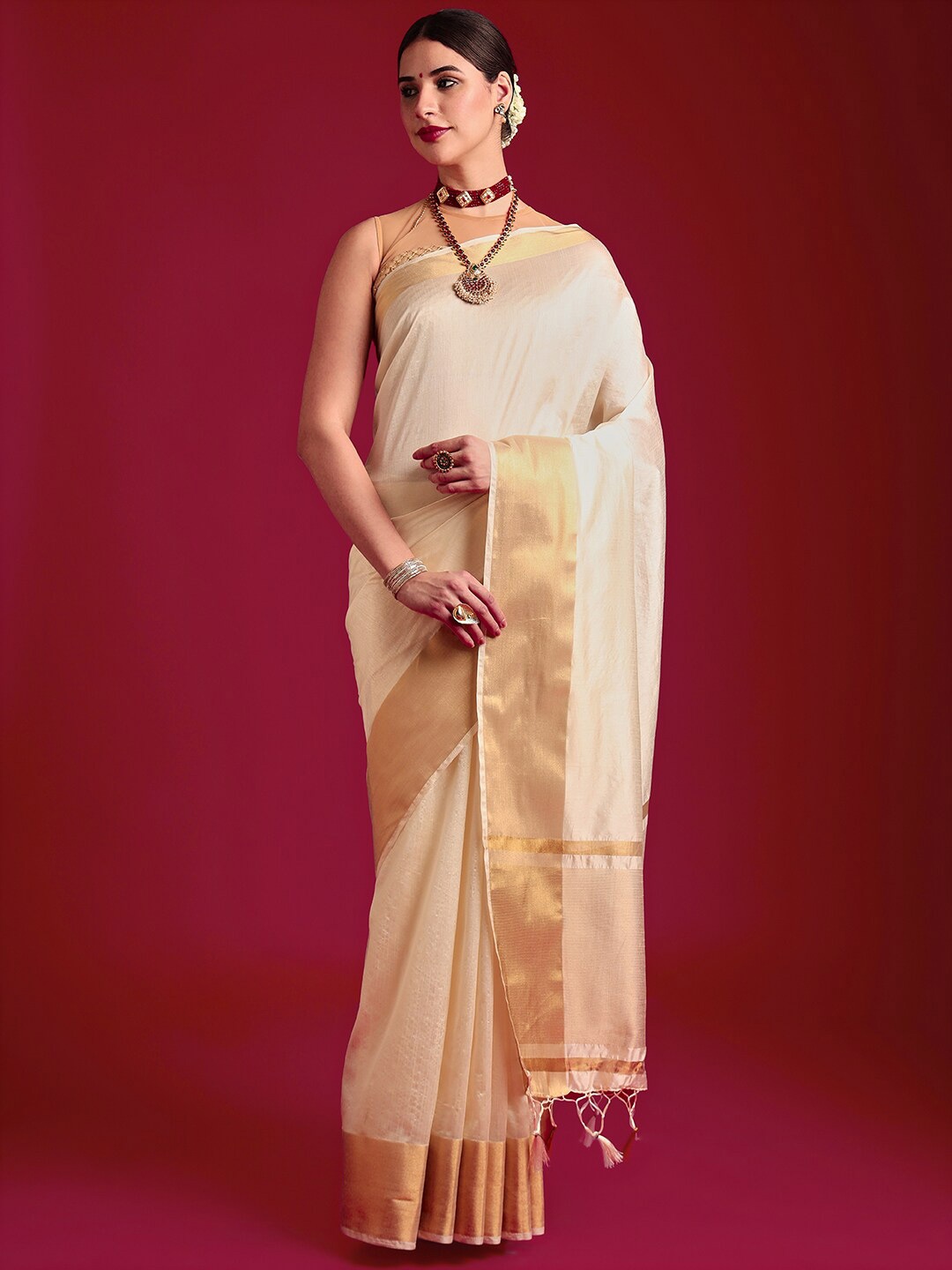

MIMOSA Zari Art Silk Kasavu Saree, Cream