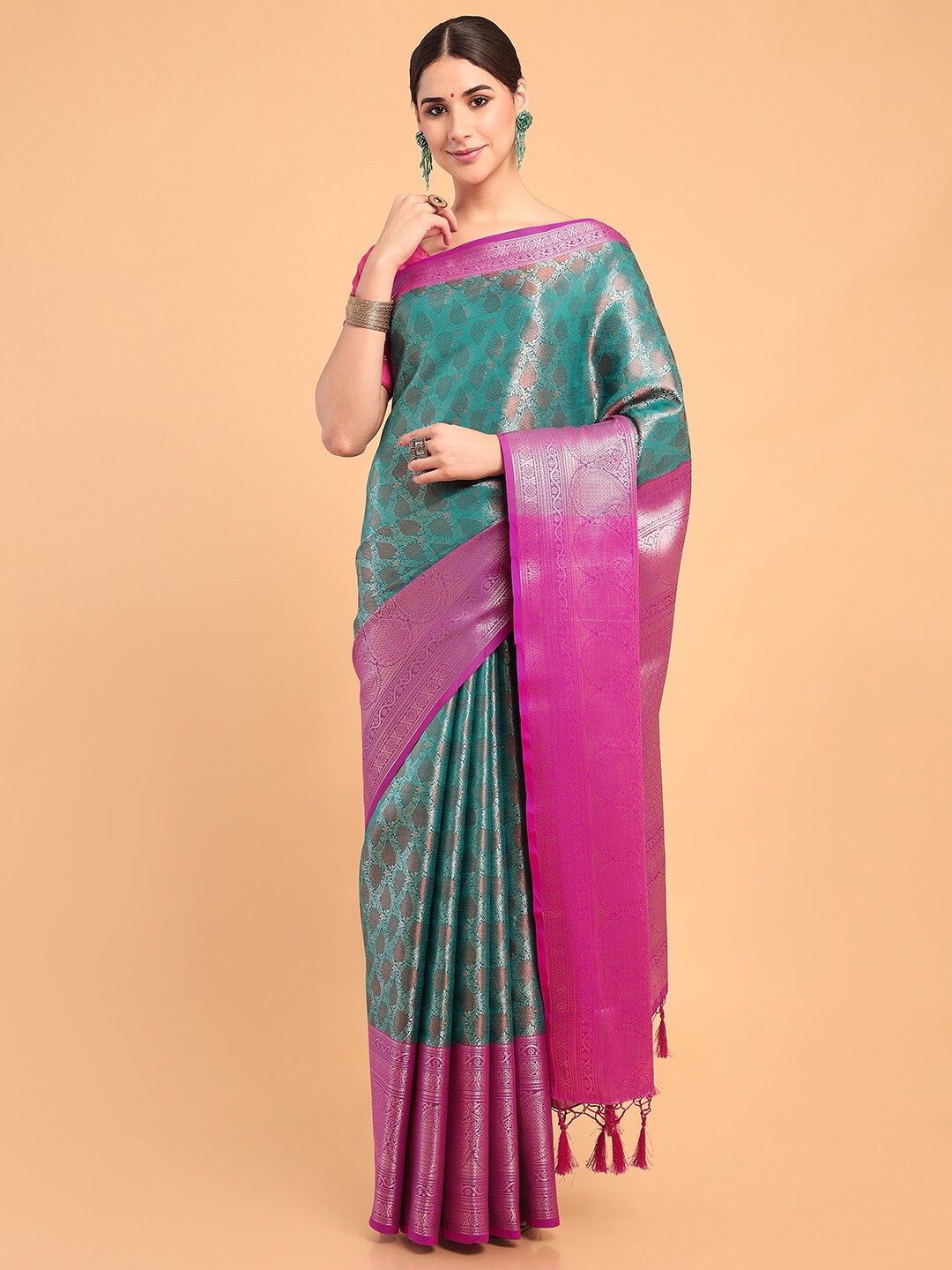 

MIMOSA Woven Design Zari Kanjeevaram Saree, Turquoise blue