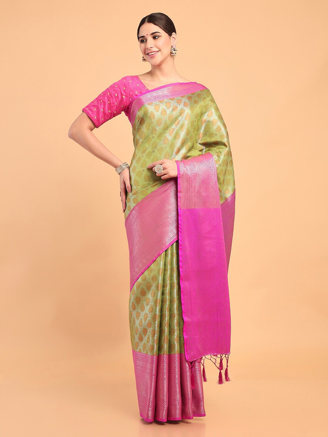 

MIMOSA Woven Design Zari Kanjeevaram Saree, Lime green