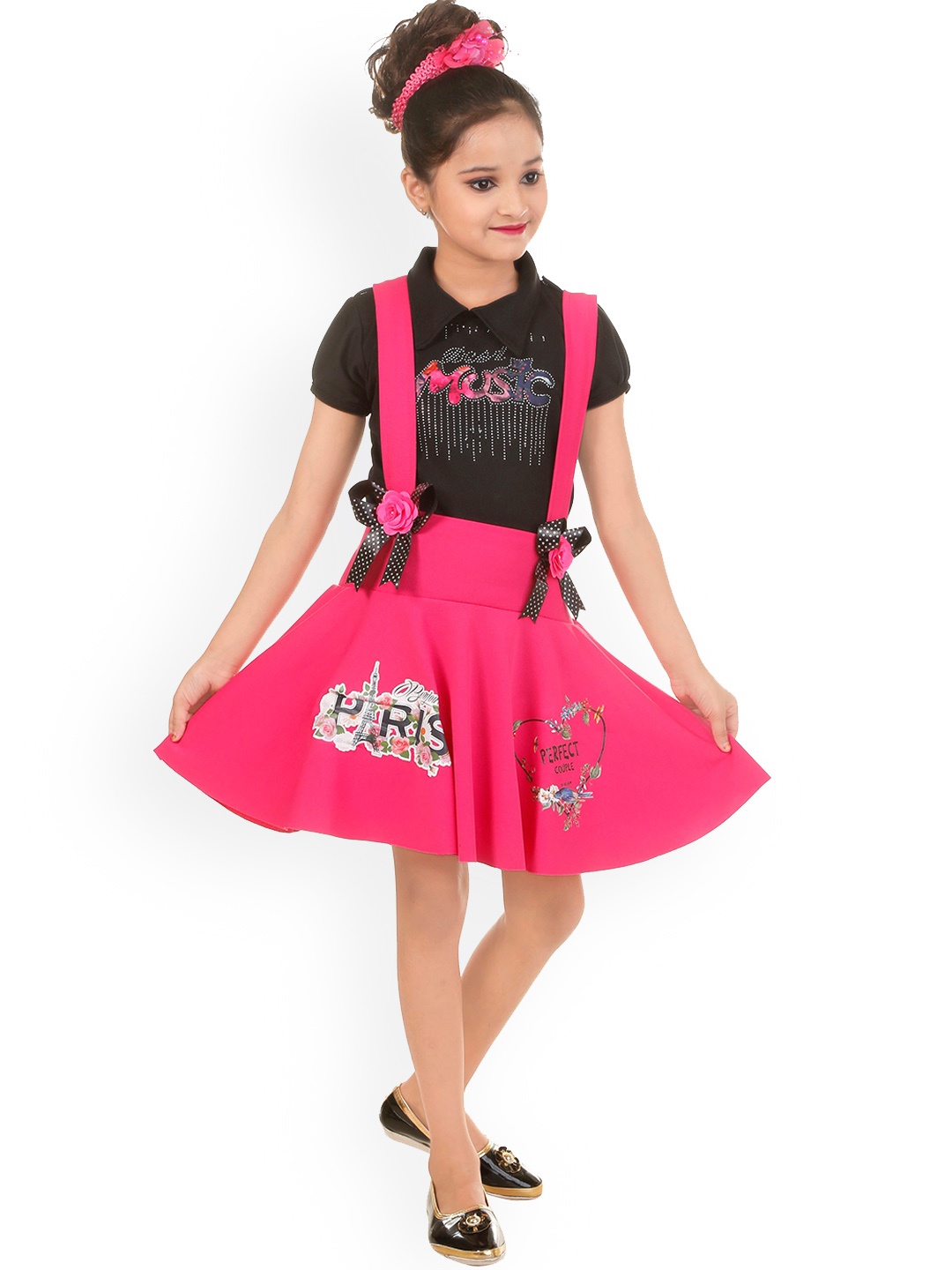 

BAESD Girls Typography Printed Dungarees With T-Shirt, Pink